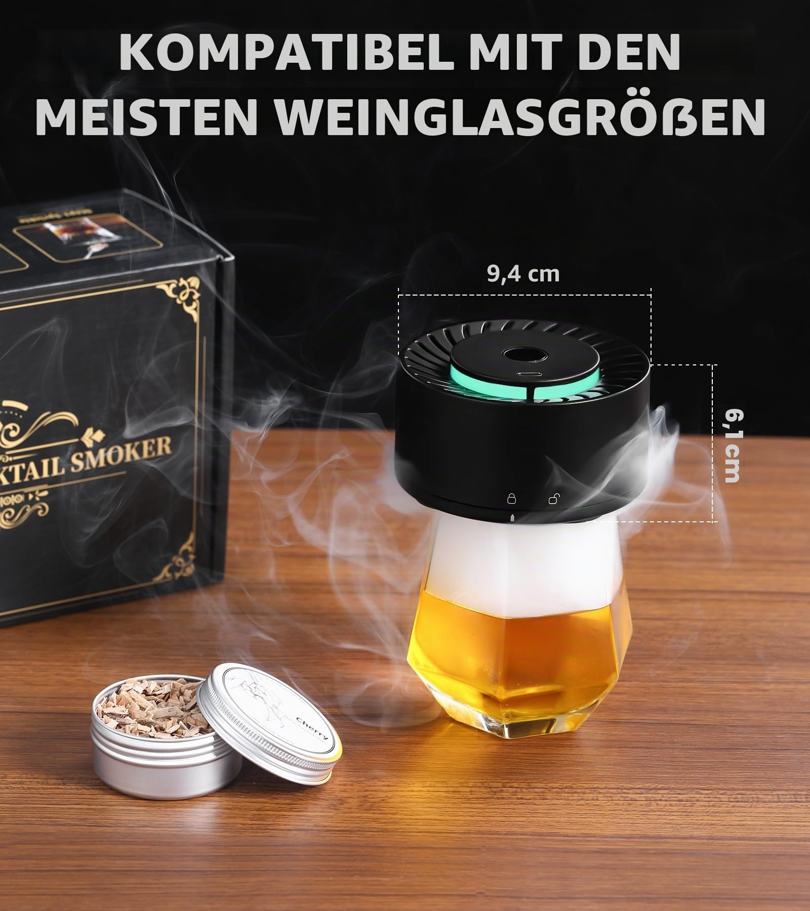 Elektrisches Whisky-Räucherset mit LED-Licht, 6 Holzspäne-Aromen, kein Butan erforderlich, wiederaufladbarer Cocktail, altmodisches Räucher-Set, Bar-Set, Zubehör, Geschenke für Männer, Vater, Ehemann