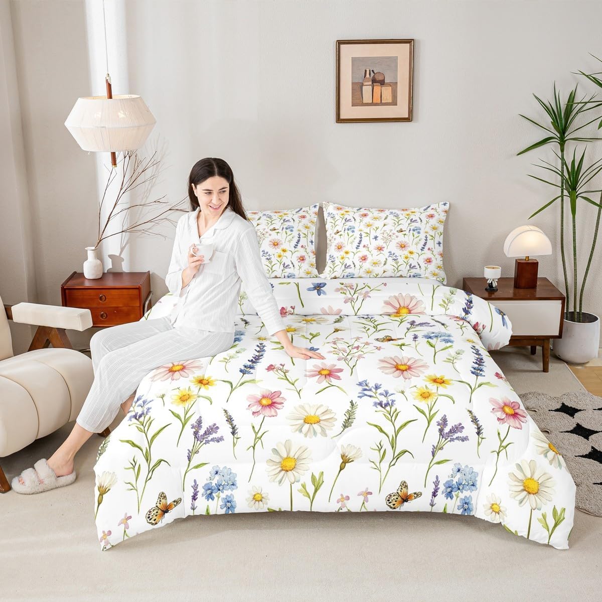 Erosebridal Boho Yellow Flower Comforter Set Queen Size for Girls Women,Cute Colorful Flowers Bedding Set Rustic Decor for Bedroom,Watercolor Floral Quilt Bed Set Wildflower Bed Comforter Set 3Pcs