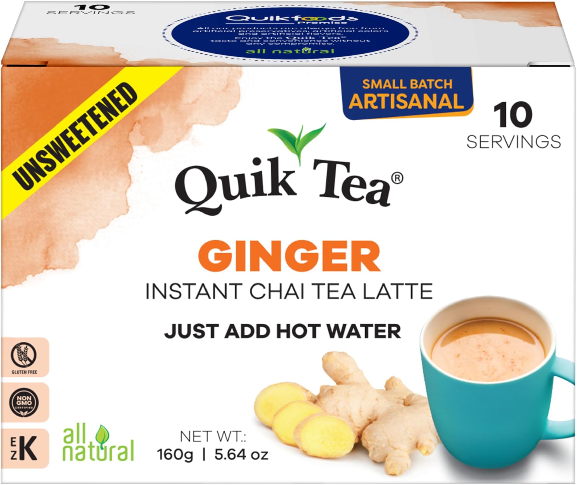 QuikTea Ginger Unsweetened Chai Tea Latte – 10 Count, Bold Ginger Flavor, no preservatives, No Sugar Added – Just Add Hot Water