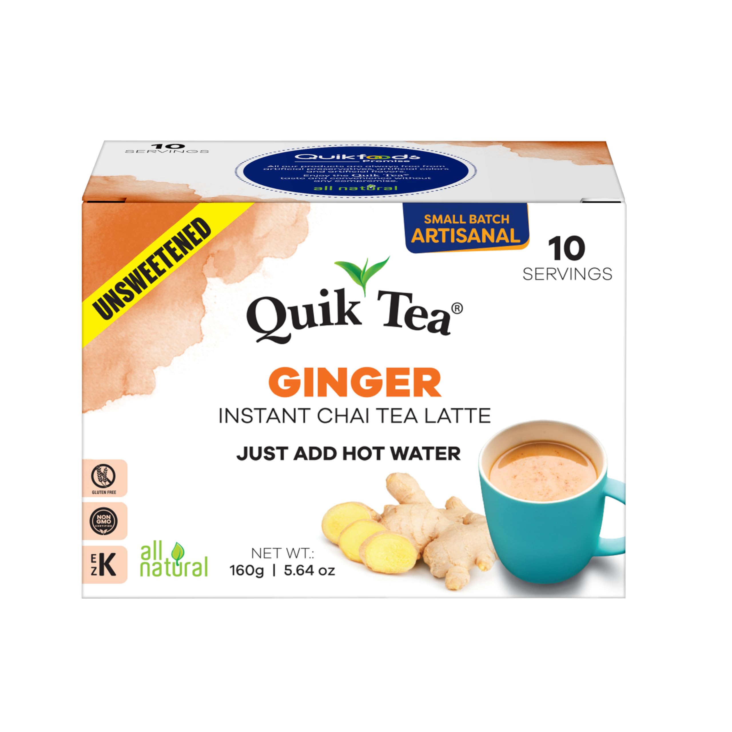 QuikTea Ginger Unsweetened Chai Tea Latte – 10 Count, Bold Ginger Flavor, no preservatives, No Sugar Added – Just Add Hot Water