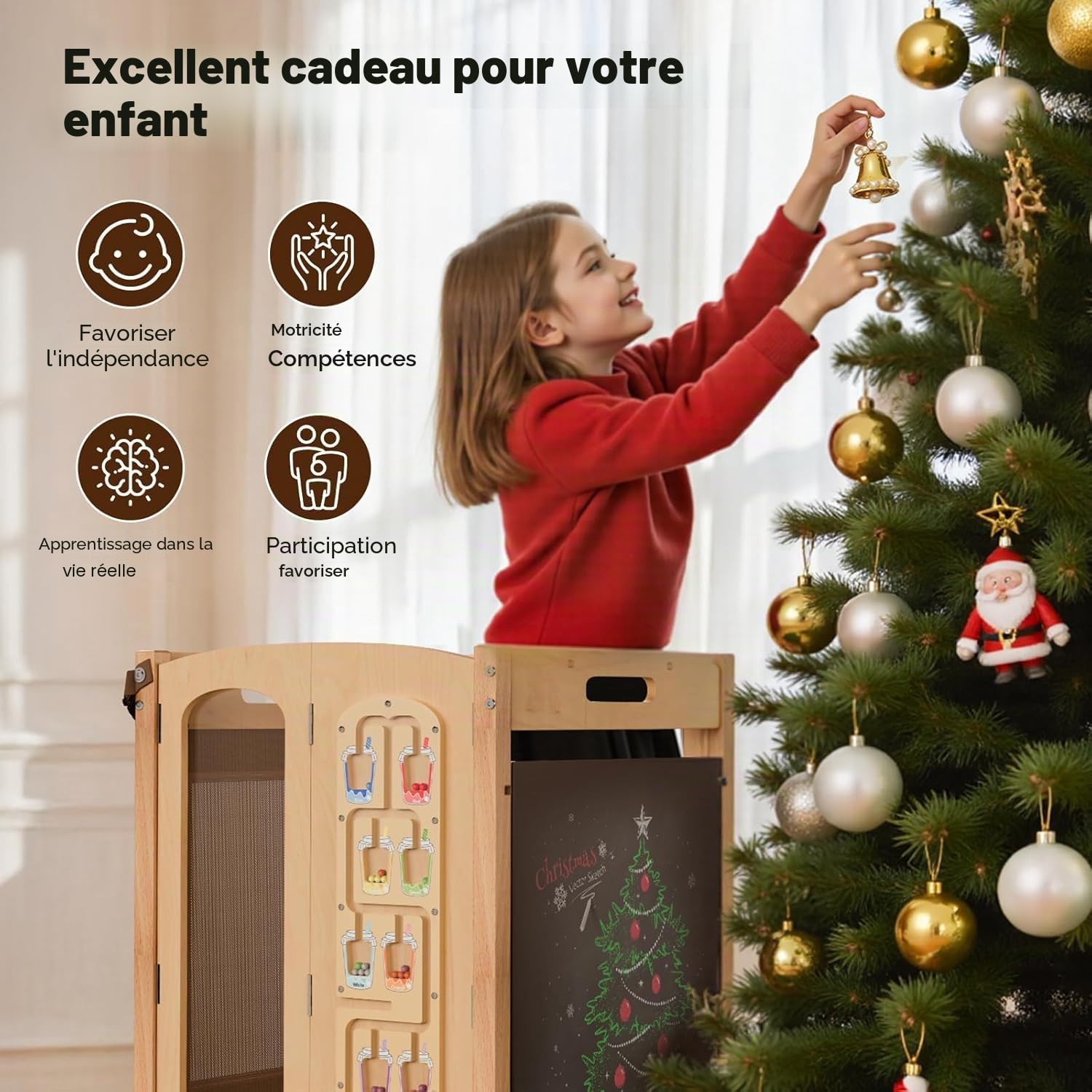 Pliable Tour d'apprentissage, 5 en 1 Tour d'apprentissage pour Enfants, Montessori Tour d Observation en Bois,Réglable en Hauteur, avec Tableau Noir, Jouets magnétiques, Pré-assemblé