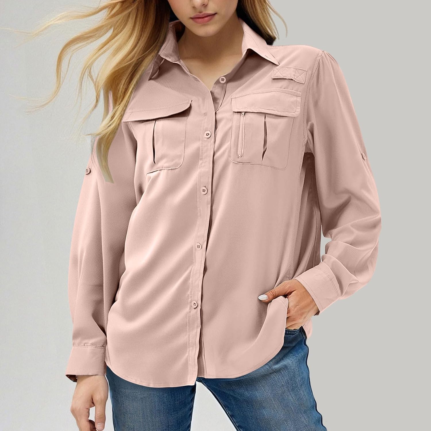 Women's Sun Protection Shirt Long Sleeve Button Down Outdoor Blouse Quick Dry Fishing Hiking Safari Shirts
