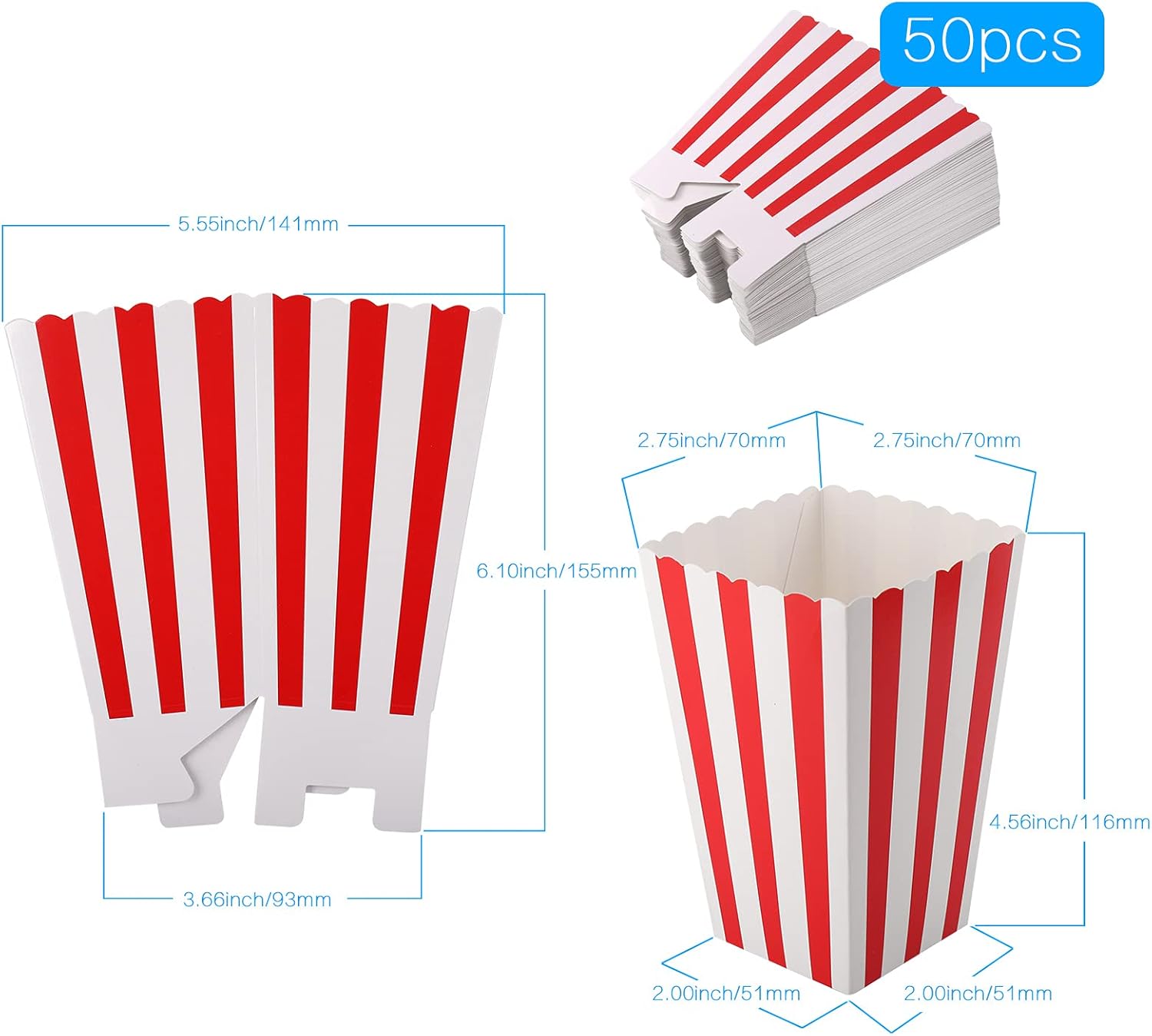 Zocipro 50Pcs Popcorn Boxes, Striped Paper Popcorn Favor Boxes Candy