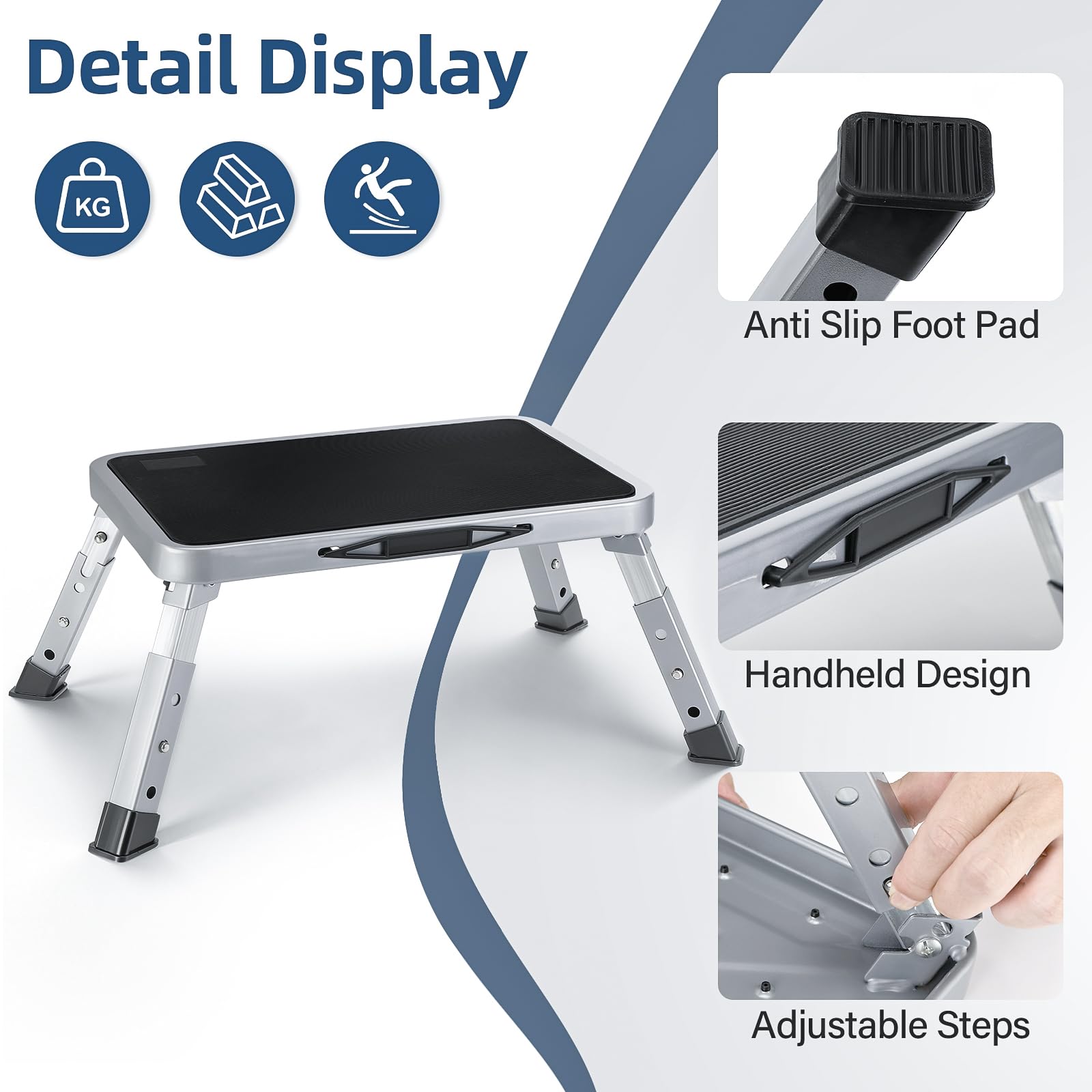 Taburete Plegable Portatil Cocina,Taburete Plegable con 3 Nivele,Banco Plegables Portatil 150kg Capacidad de Peso,Escalera Multifuncional Portátils y Plataforma Antideslizante para Cocina,Dormitorio