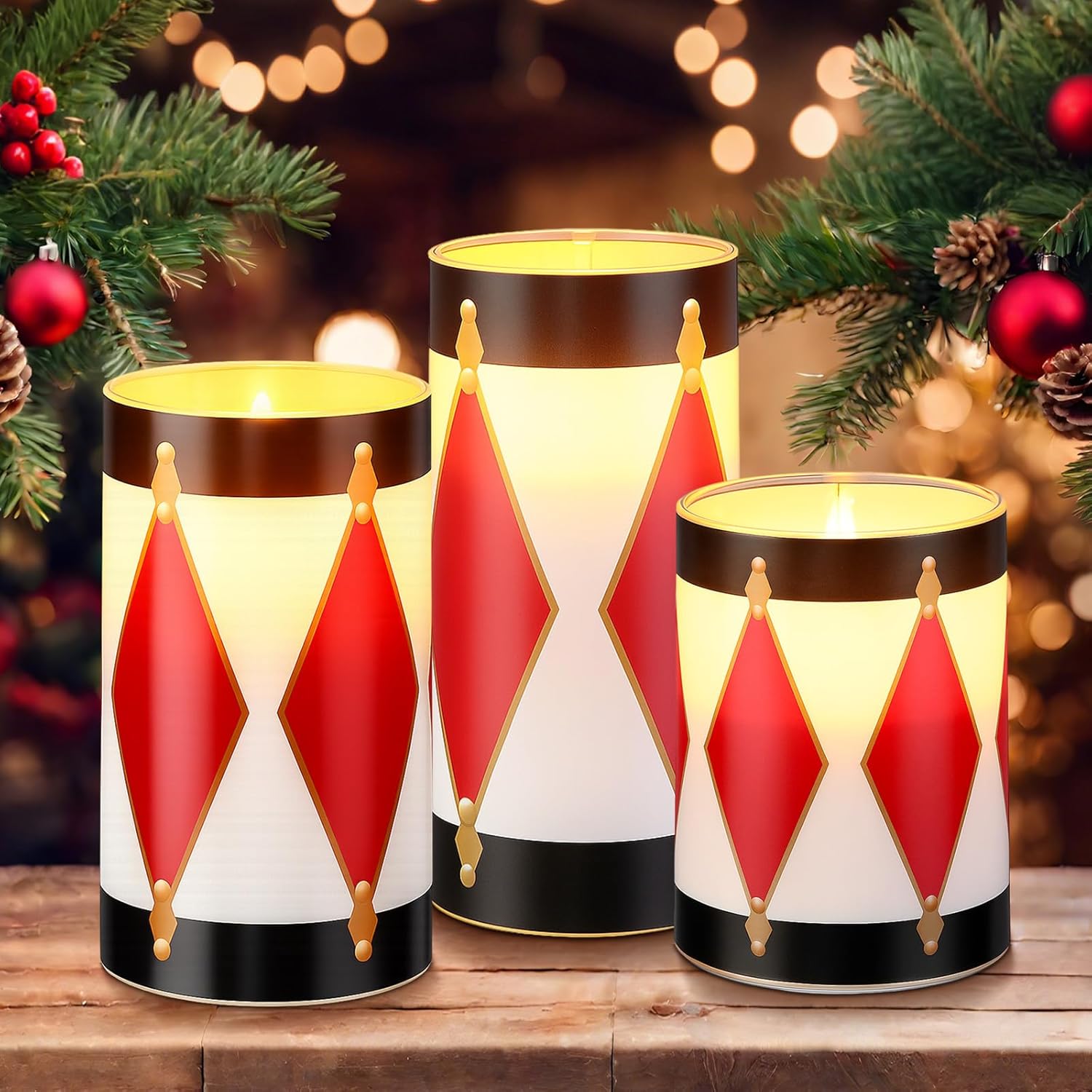 Glooglitter 3 Pcs Christmas Flameless Candles Battery Operated, Nutcracker Drum LED Candle with Remote Timer, Drum Flameless Candles for Christmas Home Festival Decor Drummer Music Lover Home Gifts
