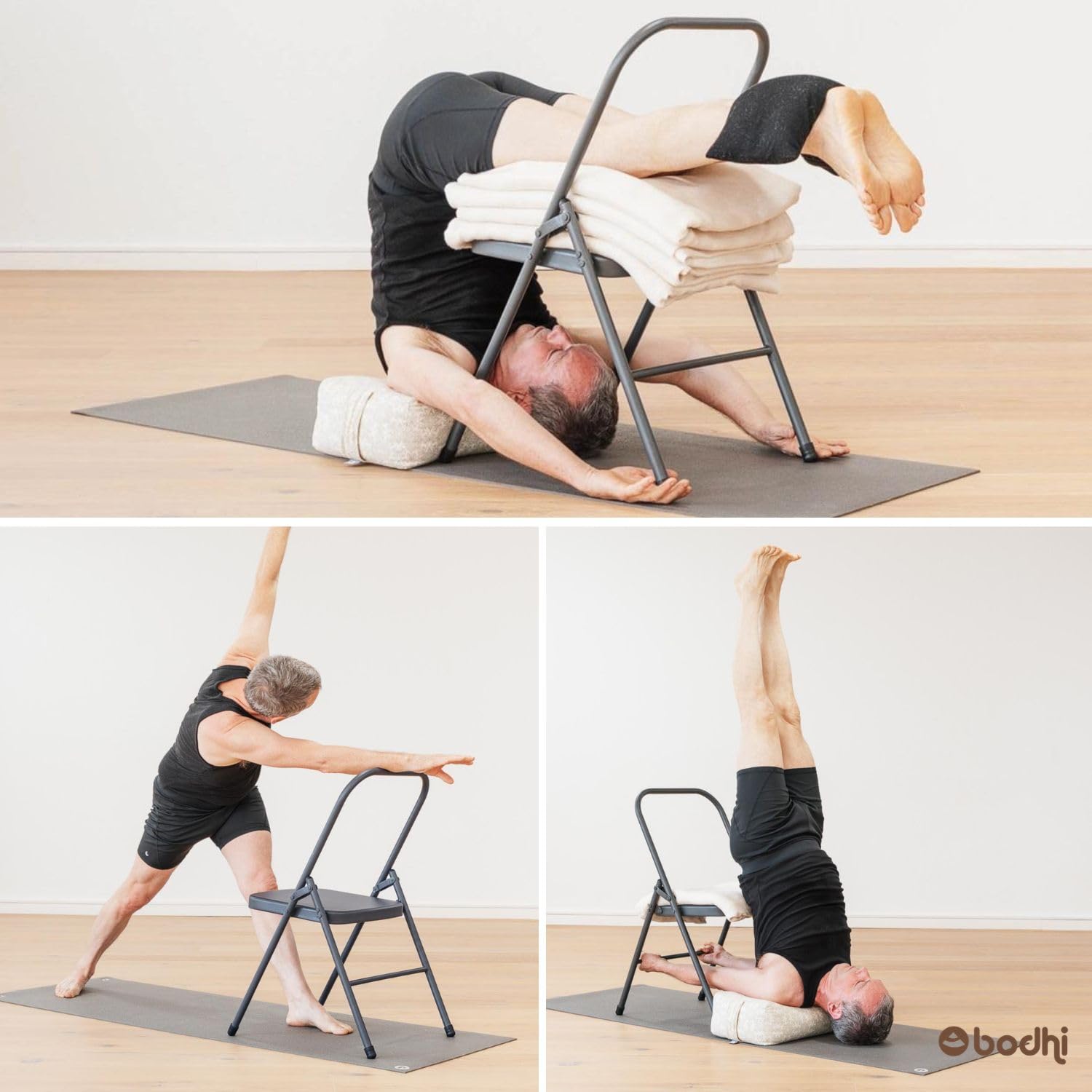 Bodhi Yoga Stuhl | Hilfsstuhl für Dehn- & Drehübungen | Klappstuhl für Iyengar Yoga | Stabil & Robust | Yoga Übungsstuhl für Zuhause | Beistellstuhl aus Metall | Anthrazit