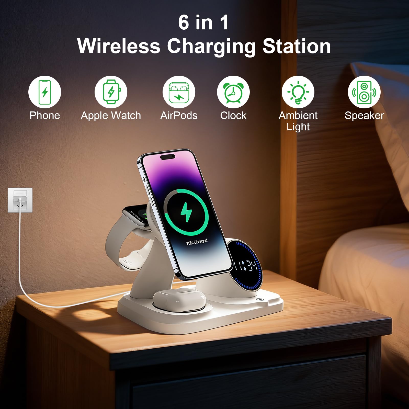 6 en 1 Cargador inalámbrico para iPhone con Altavoz Bluetooth, estación de Carga rápida para iPhone 17/16/15/14/13/12/11/Pro/Max/Plus, para Apple Watch y AirPods - 4