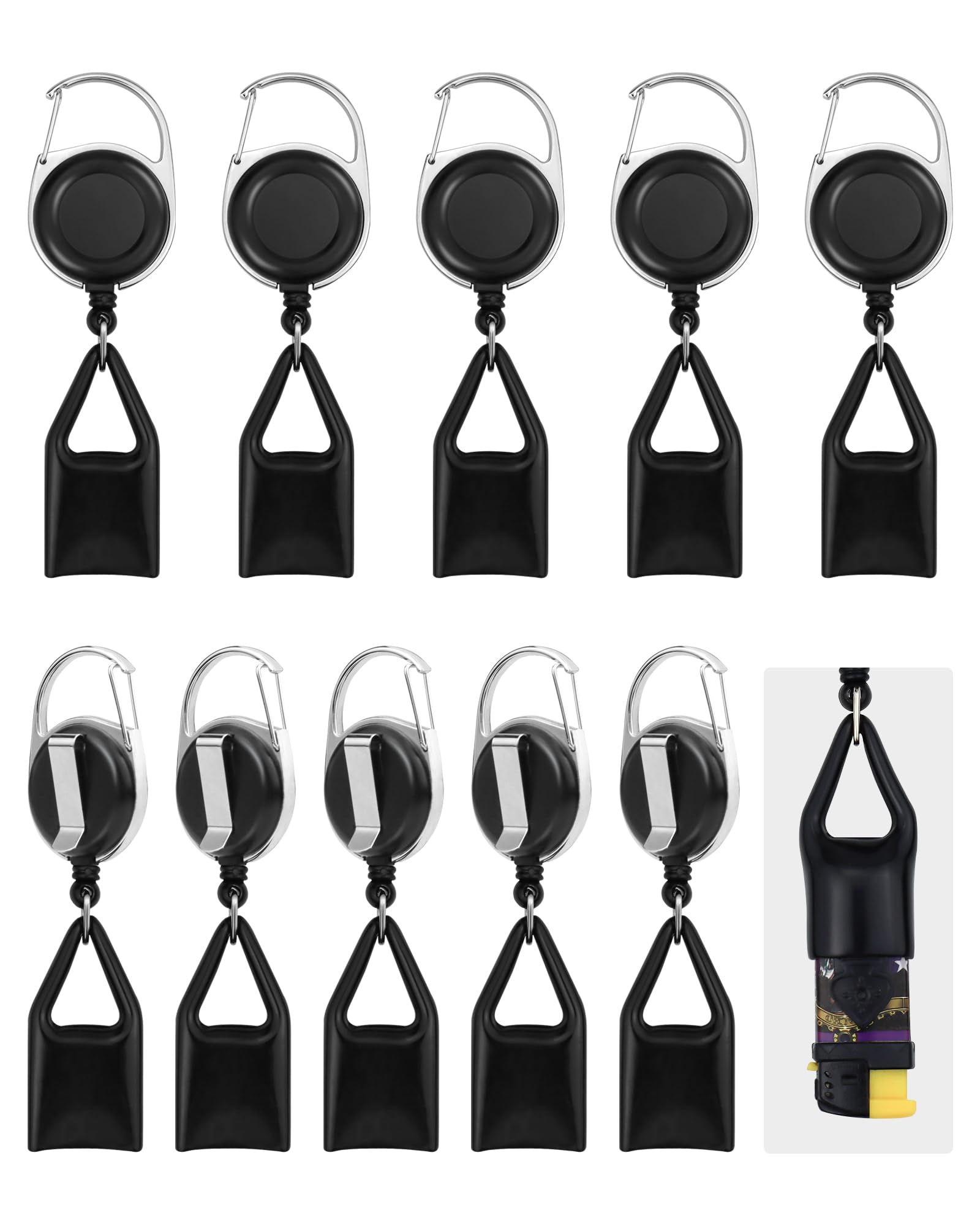 10 Pcs Retractable Lighter Clip Holder, Keychain Lighter Leash with Clip (Black)
