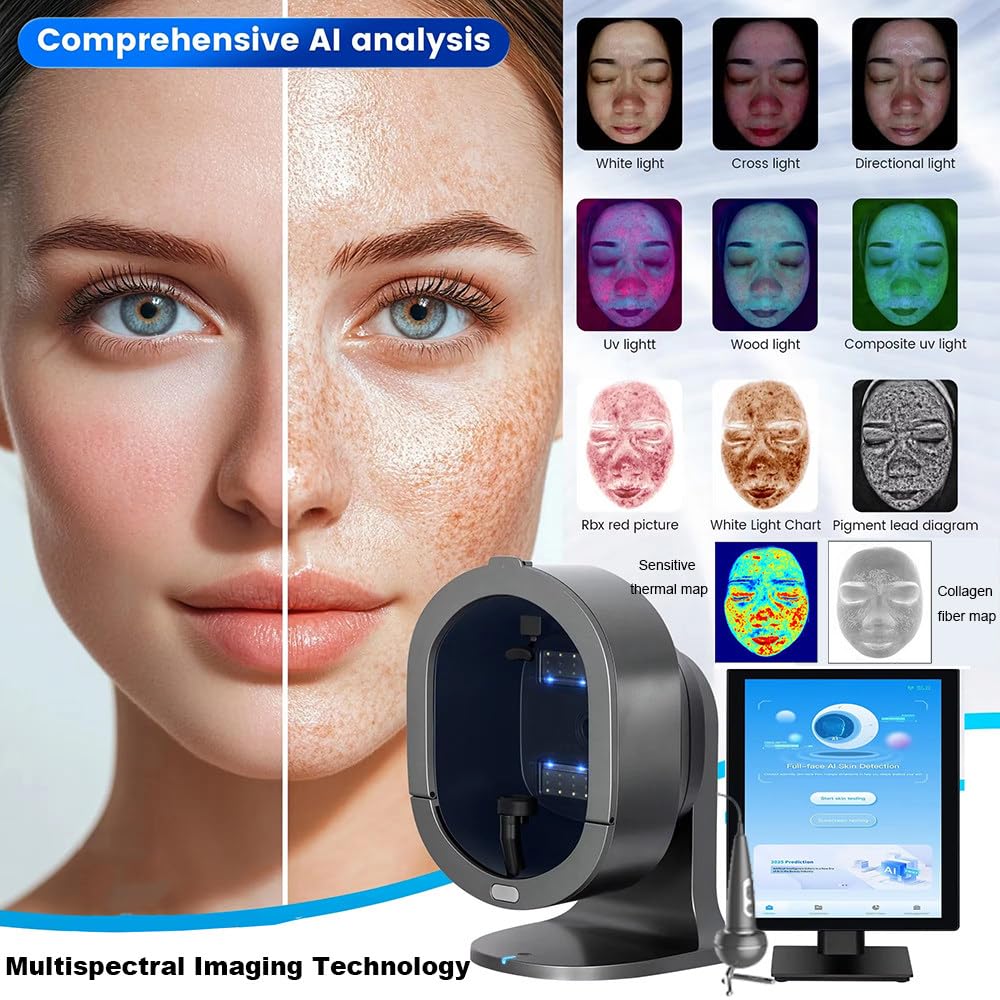 Analizador De Imágenes De Piel,Analizador De Piel con IA De 21,5",11 Imágenes Espectrales,Análisis De Visualización,Varios Idiomas,con Mango Detector De Cuero Cabelludo