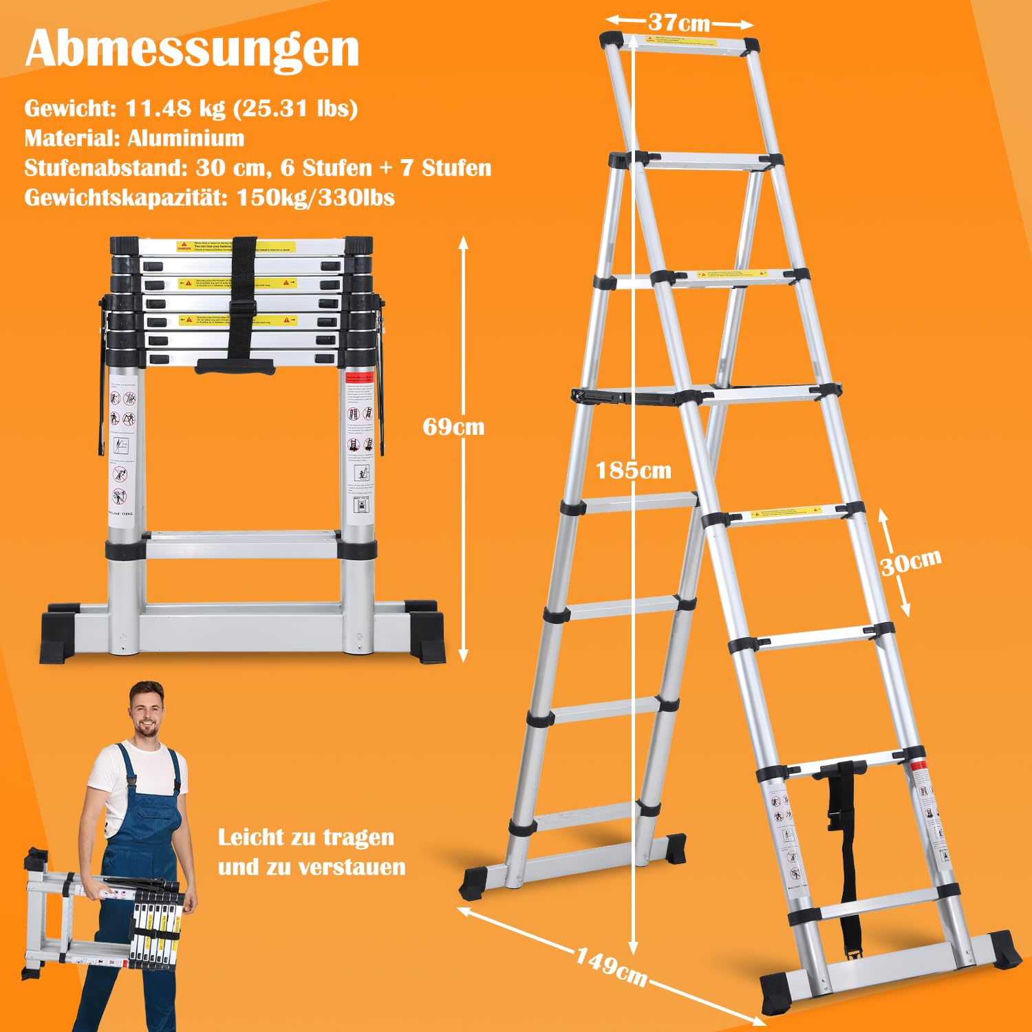 Eulenke Scala telescopica 2 m + 2, 3 m, scala alluminio 6 + 7 gradini A, scala retrattile con barra di bilanciamento portata 150 kg, scala pieghevole, scala allungabile argento