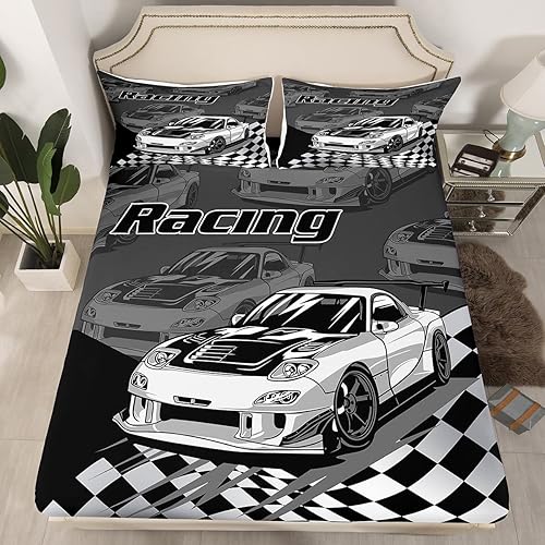 Miniatura 2 de Silver Race Cars - Sábana bajera ajustable para niños, tamaño individual, diseño de bandera de carreras en blanco y negro, decoración de habitación