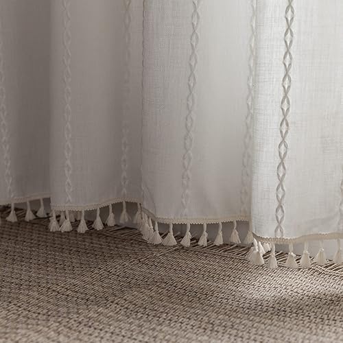 Miniatura 8 de BCLBUSTE Cortinas bohemias de lino bordadas de 108 pulgadas de largo para sala de estar, juego de 2 paneles de cortinas de granja con bolsillo para