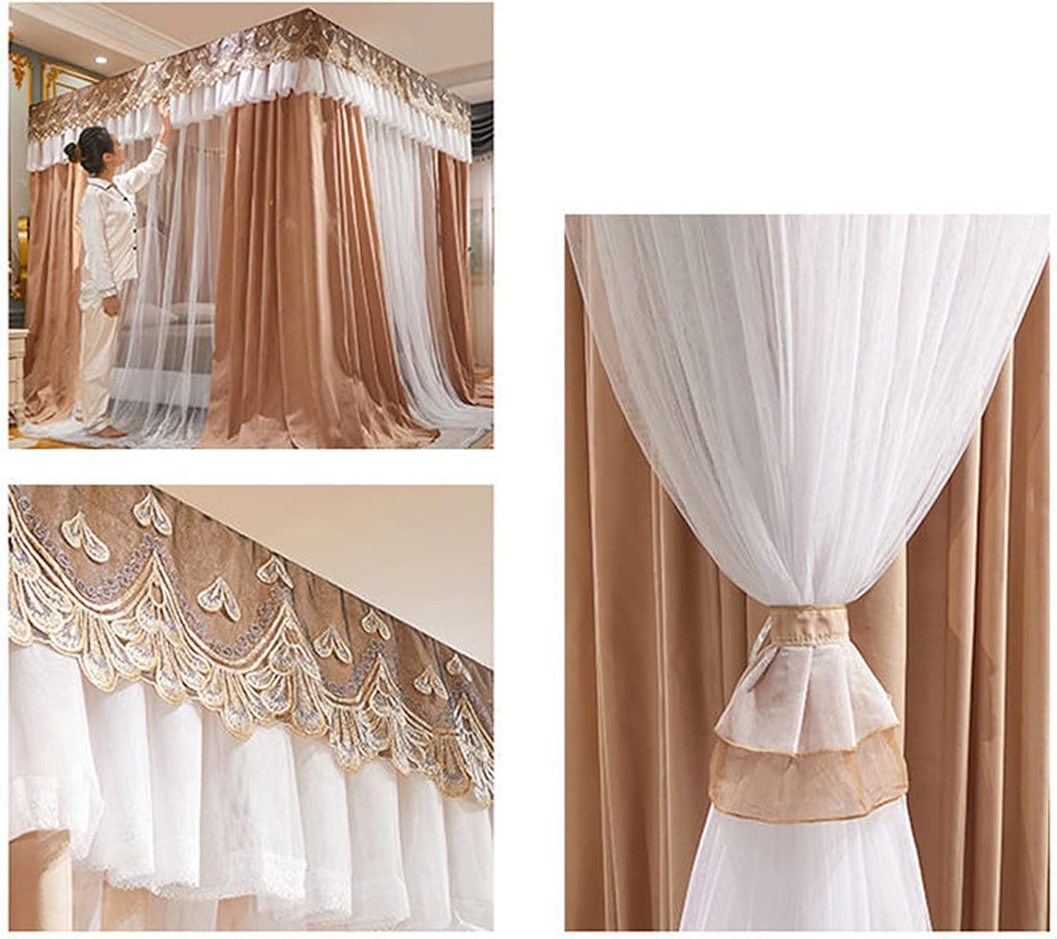 Bed Curtain Four Poster Bed Canopy Mosquito Net Double Layer Princess Curtains Canopy for Girls Single/King Size Bed with Frame Bed Decoration(Size:2×2.2m/6.6×7.2ft)