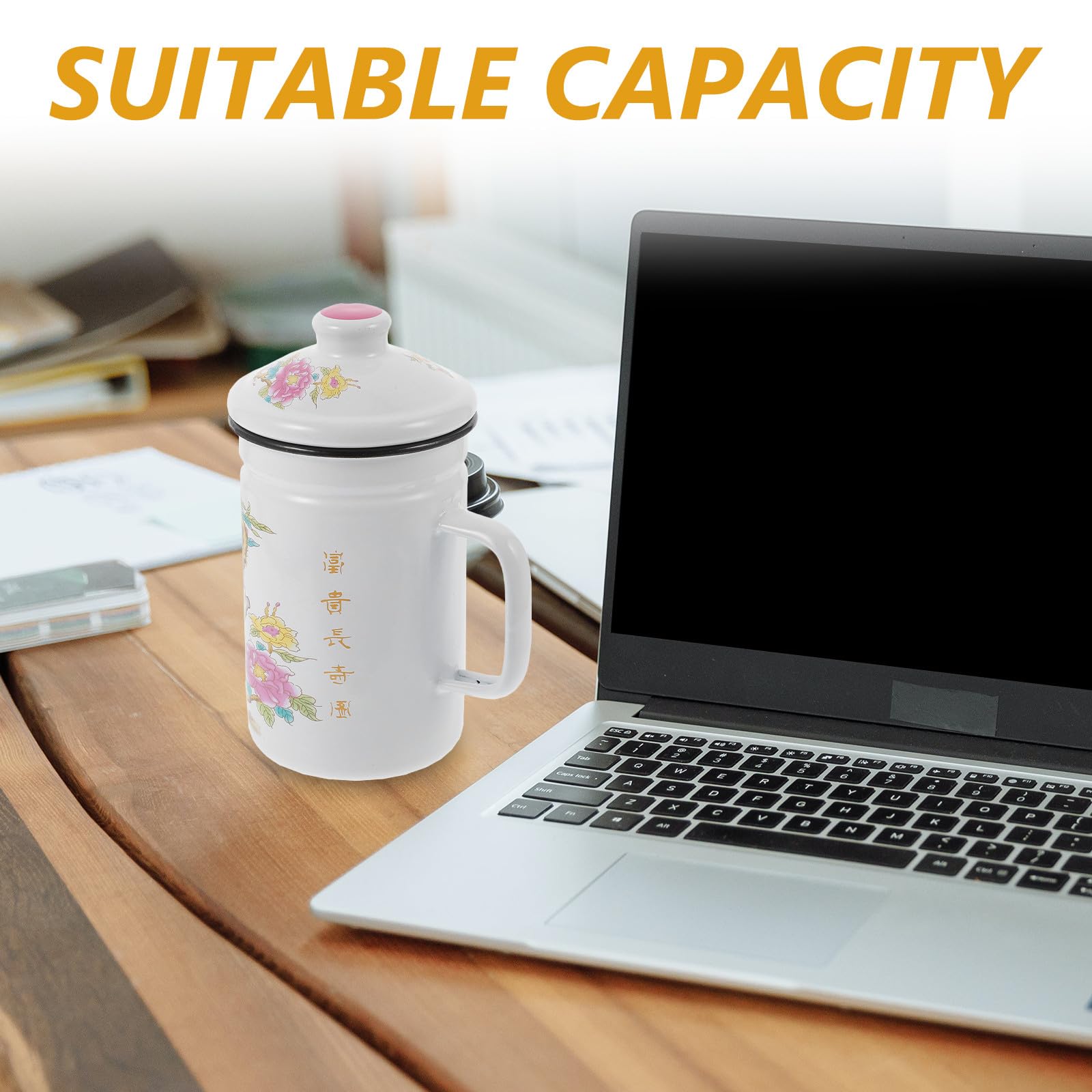 Taza de Esmalte y Mango Ergonómico Capacidad 0.6 L con Infusor de Té Diseño Resistente al Calor para Oficina y Hogar