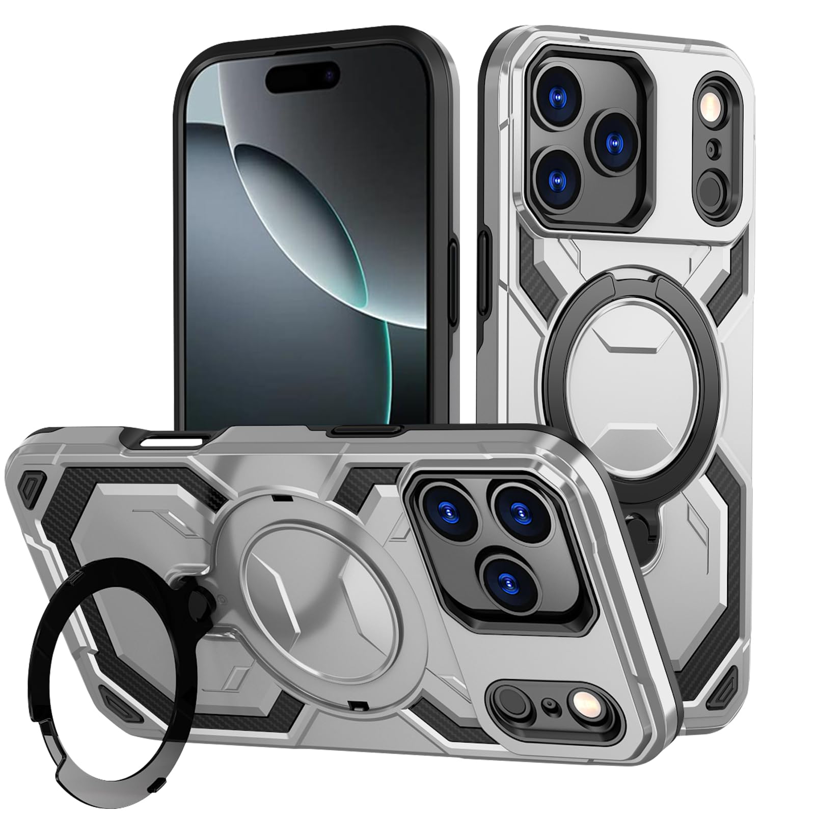 Hülle für iPhone 17 Pro Kompatibel mit Mag-Safe,Militärschutz Stoßfest iPhone 17 Pro Handyhülle Case mit Magnetischer Ständer Unsichtbarer Standring Kratzfeste Schutzhülle für iPhone 17 Pro (Silber)