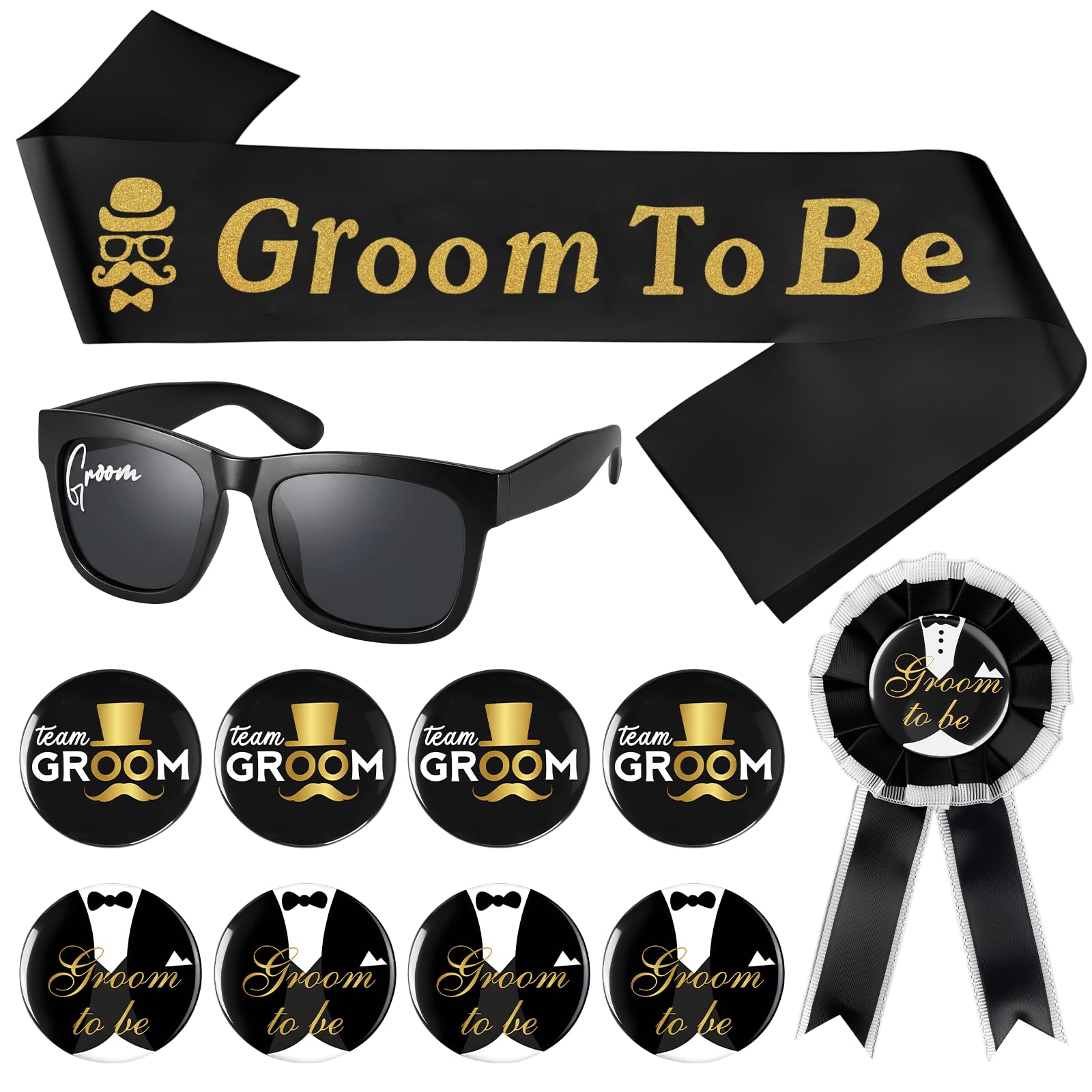 Dazzroi 11Pcs Stag Do Accessories Set, Black Gold Groom to Be Sash Badge Set Includes Black Glasses Groom Sash Corsage Badges for Men Bachelor Party Bridegroom Wedding Last Night Celebration