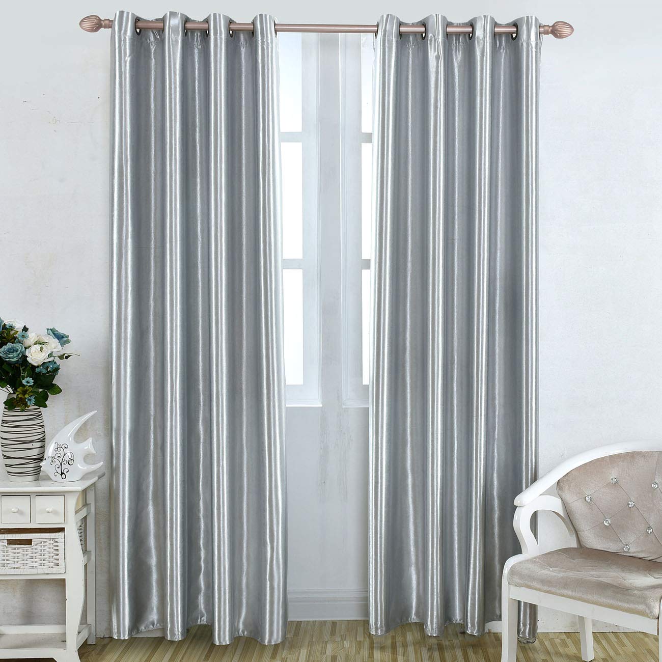 WUBODTI Silver Curtains Room Darkening Faux Silk Curtain Drapes for Bedroom 96 Inch 2 Panels, Light Gray Metallic Window Curtain Grommet Room Decor Sparkle Luxury Drapes for Living Room