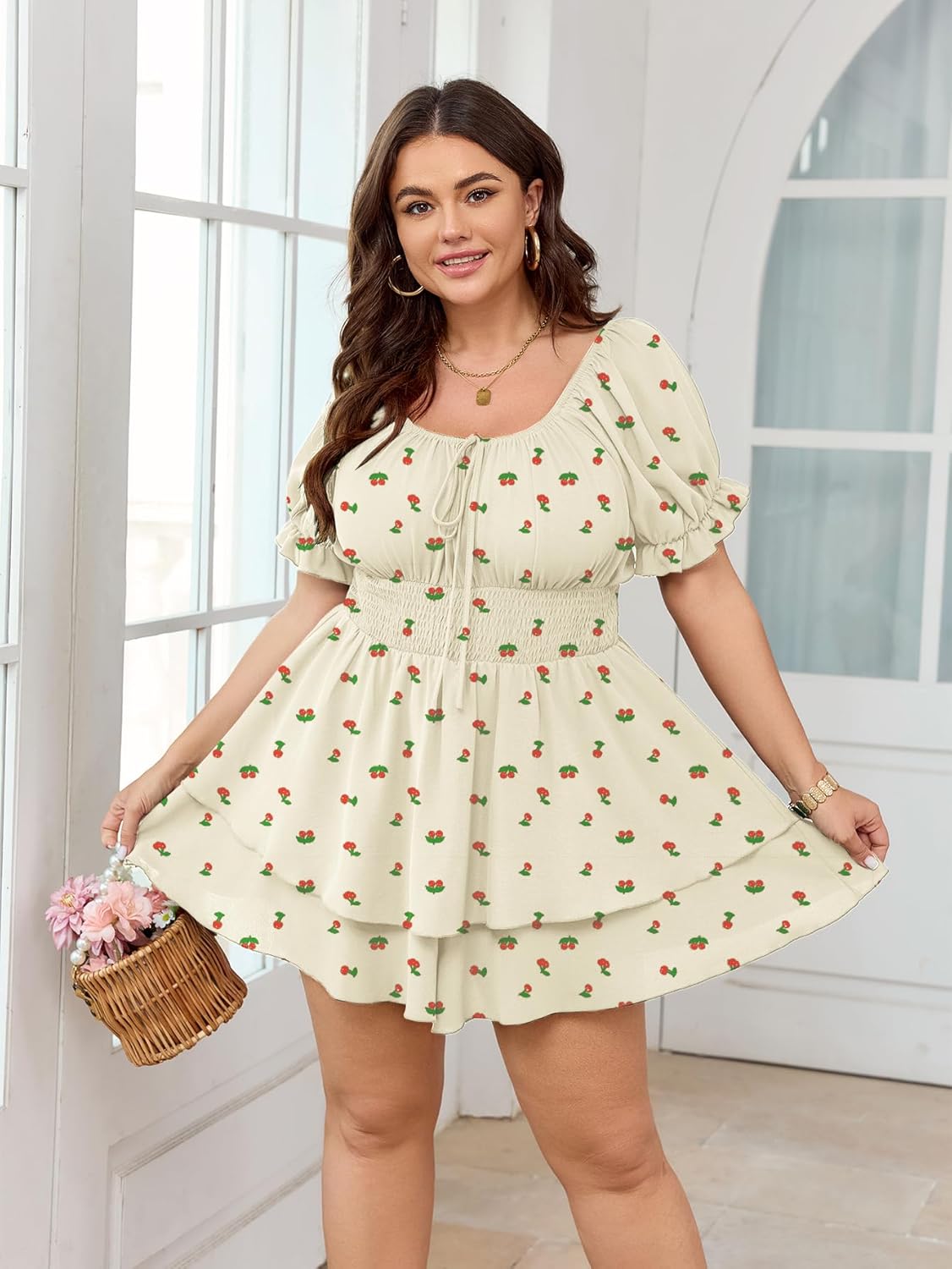 SCOMCHIC Women Plus Size Romper Dress Summer Short Jumpsuit Square Neck Puff Sleeve High Waist Ruffle Boho Jumpsuits - Image 2