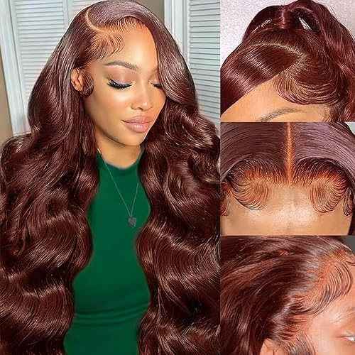 28 Inch 13x6 Reddish Brown Lace Front Wigs Human Hair Pre Plucked Body Wave 13x6 HD Lace Frontal Wig for Women 220% Density Auburn Brown Colored Frontal Wigs Human Hair