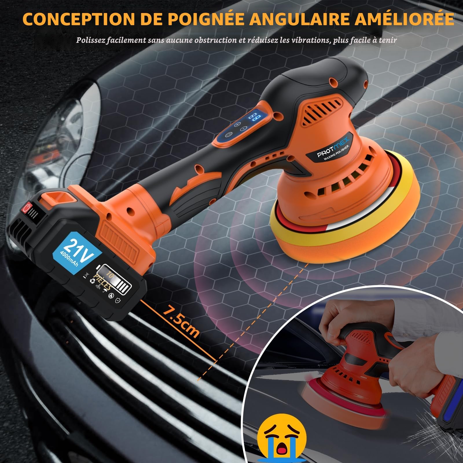 Polisseuse de voiture sans fil, kit de polissage voiture avec batteries 21 V 4,0 Ah, polisseuse orbitale avec 8 polisseuses écran tactile variables de 6" pour détails voiture/élimination des rayures