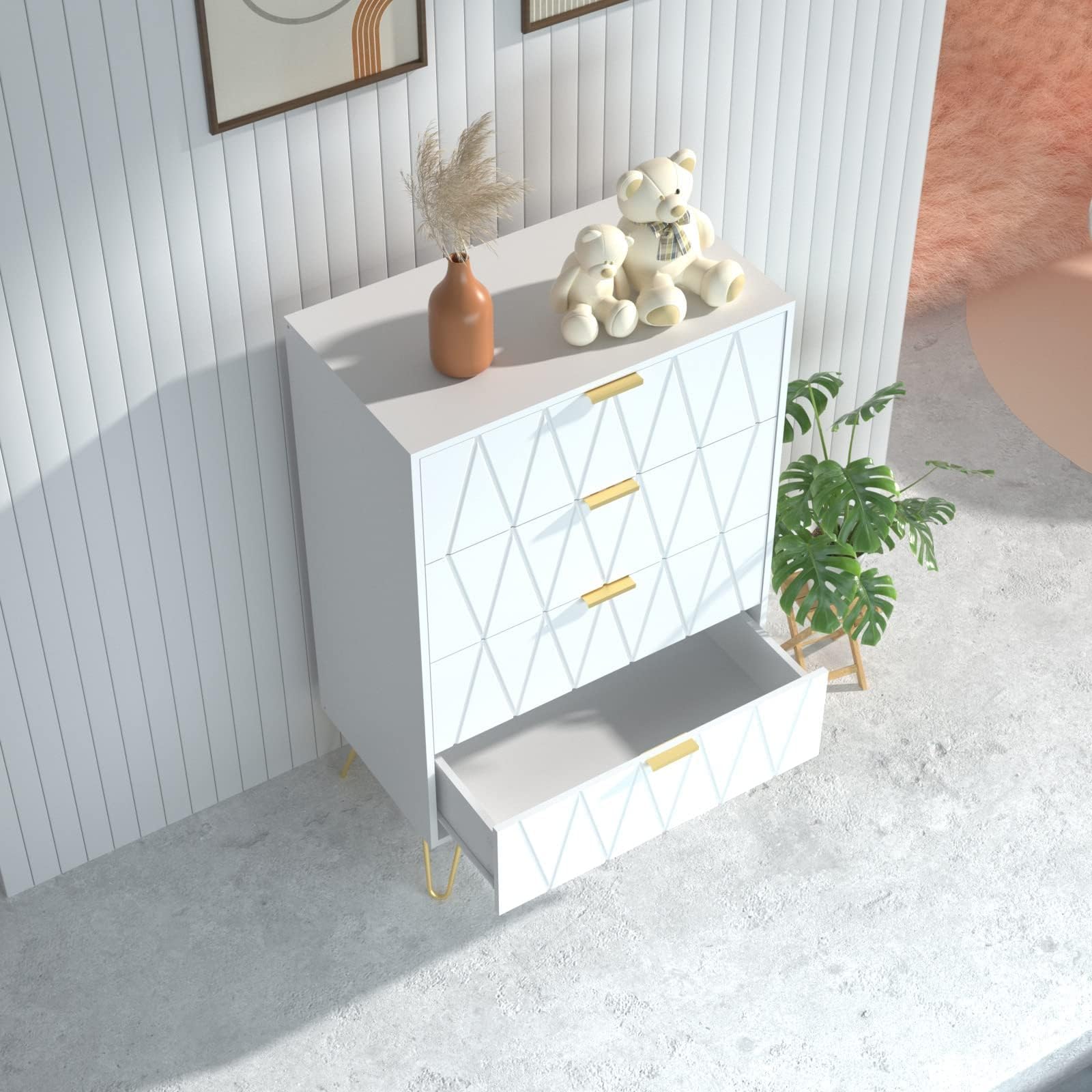 UEV Commode 4 Tiroirs, Meuble de Rangement Bois, Style Simple et Élégant, Manche et Pieds Couleurs Dorées, 60 x 34 x 91 cm, Buffet pour Chambre, Salon, Bureau, Blanc