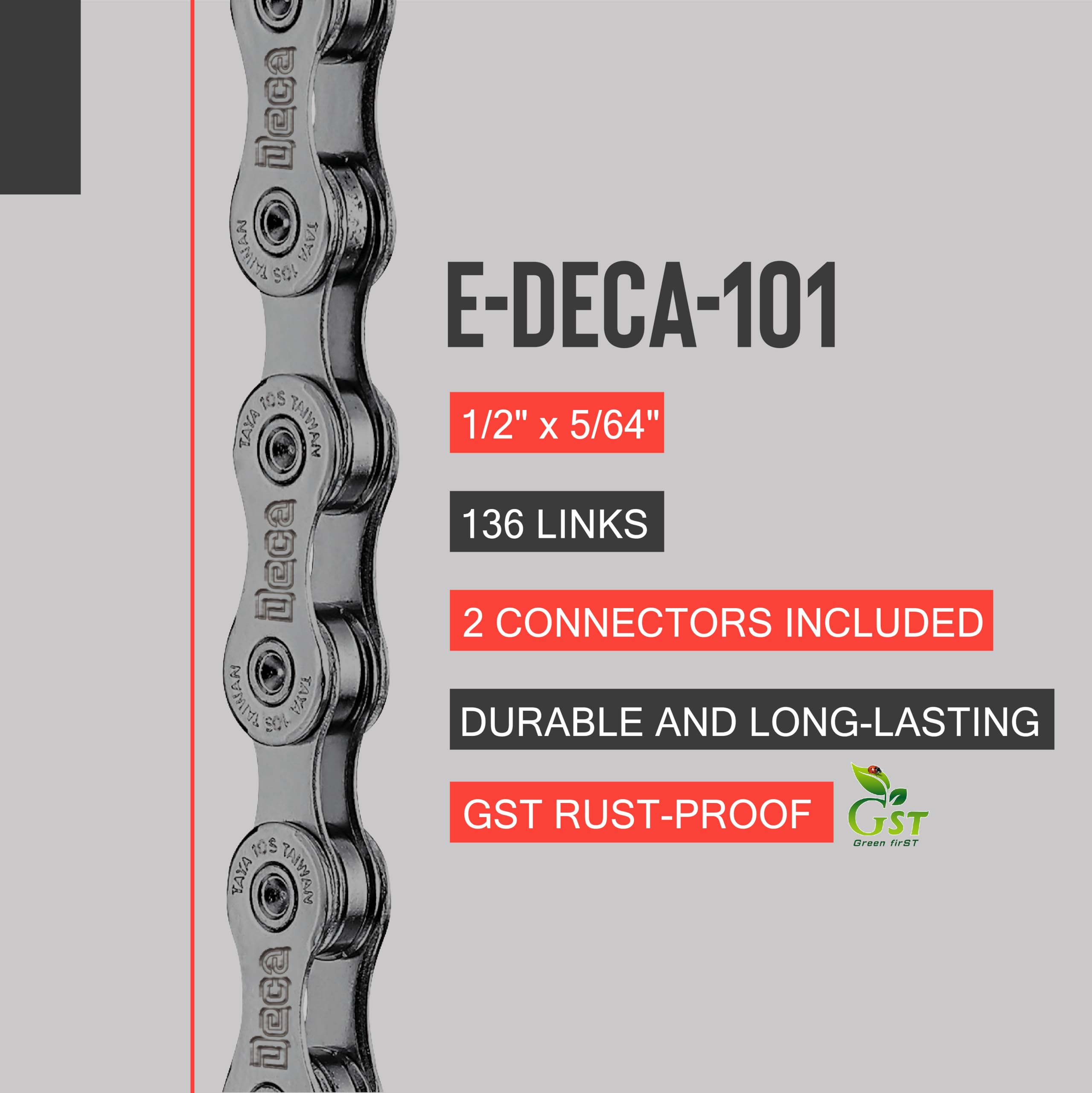 Chaîne de vélo TAYA e-DECA-101 à 10 vitesses, 136 maillons, résistant à la rouille GST, durable et offrant un passage de vitesses fluide, pour vélo électrique, gravier et VTT.