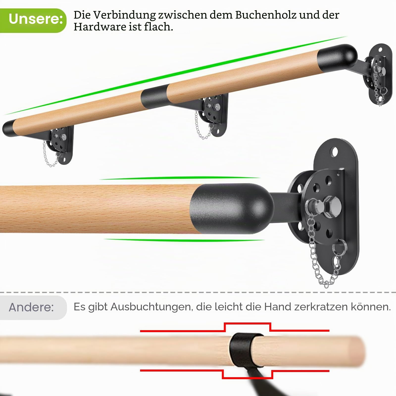 BeneLabel Ballettstange Holz, 90-250cm Ballett Stange Kinder Höhenverstellbar Wandmontage Stretching Tanzstange Erwachsene Zuhause Barre Gym Training Ausrüstung mit Metallhalterung, 4cm Durchmesser