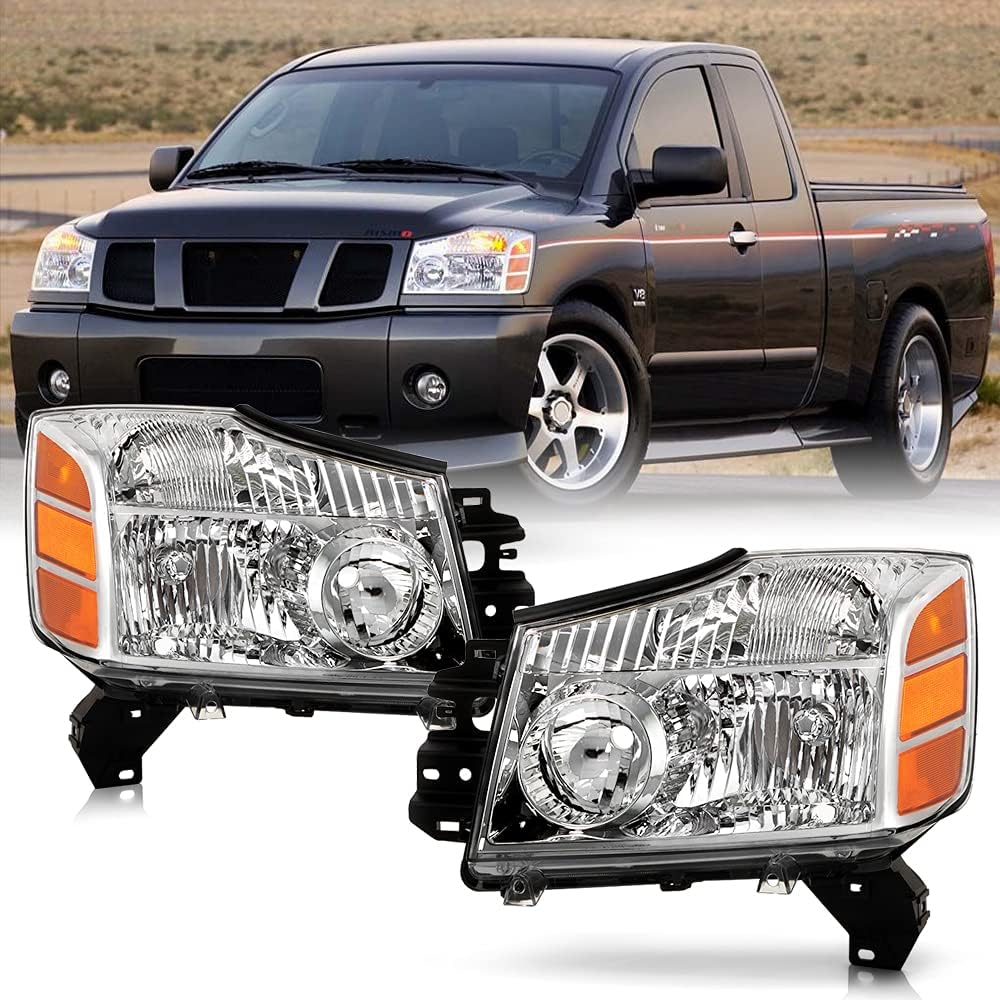 ELH Headlight Assembly Replacement For 2004-2012 Nissan Titan - Chrome Housing With Amber Reflector