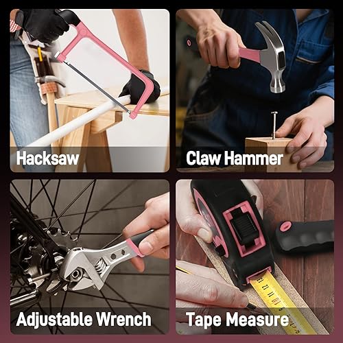 Miniatura 7 de COMOWARE Caja de herramientas rosa con taladro de 20 V, juego de herramientas rosa de 120 piezas, kit de herramientas para el hogar, juego de