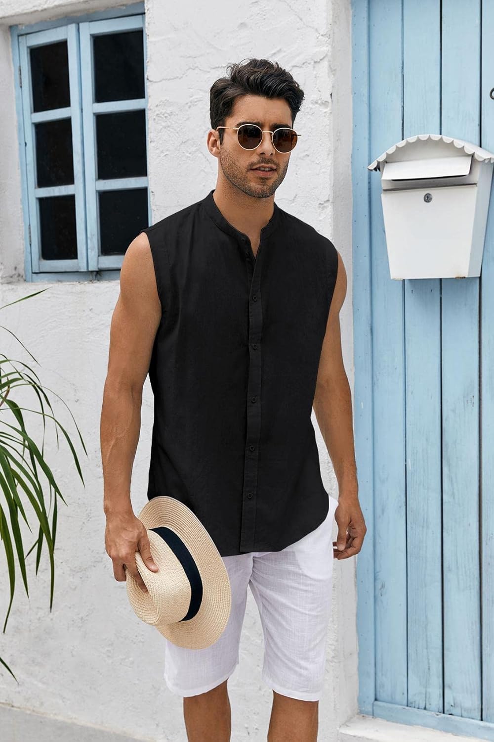 Bbalizko Mens Sleeveless Button Down Shirts Linen Cotton Summer Beach Basic Tank T-Shirt Tops - Image 3
