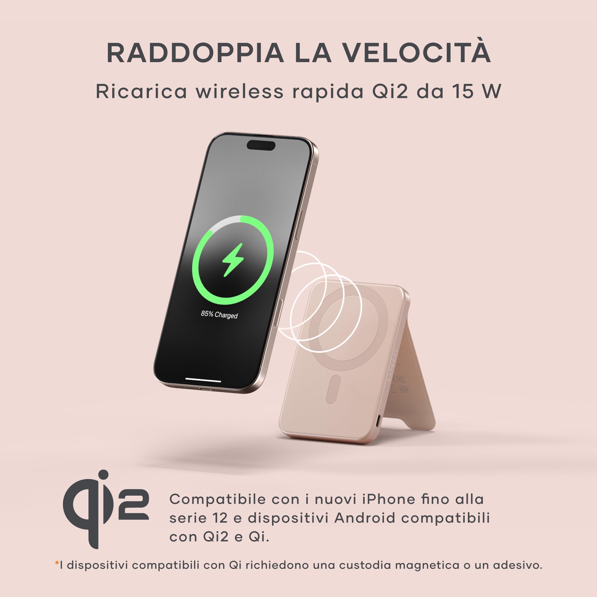 SATECHI OntheGo Power Bank MagSafe 5000mAh, Qi2, Supporto Integrato, Rosa | Ricarica wireless rapida 15W per iPhone e Android, compatibile con iPhone 17-12 e altro