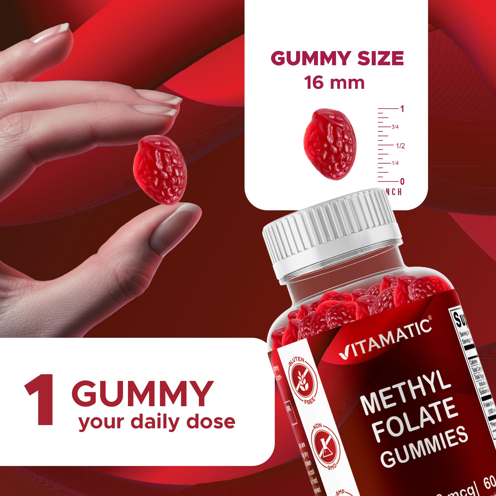 Vitamatic Methylfolate Gummies 1000 mcg – Active 5-MTHF Form – Natural Strawberry Flavor – Vegan, Non-GMO, Gluten Free – 60 Gummies — Amazon image 3