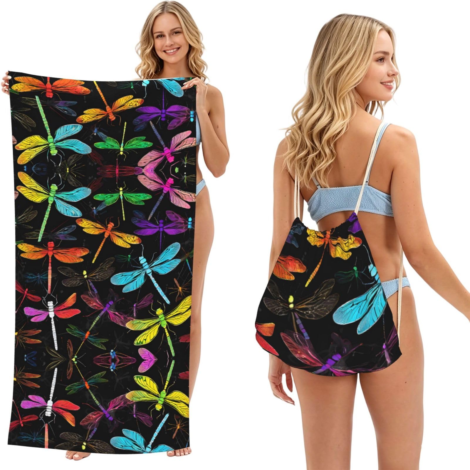 ESNAIUVCD Cute Dragonfly Print Beach Towel For Adults,Towel With Drawstring Bag, Travel Pool Swimming Sports Shower Sand Free Quick Dry Bath Towel For Pool, Beach, Yoga- 180x60cm