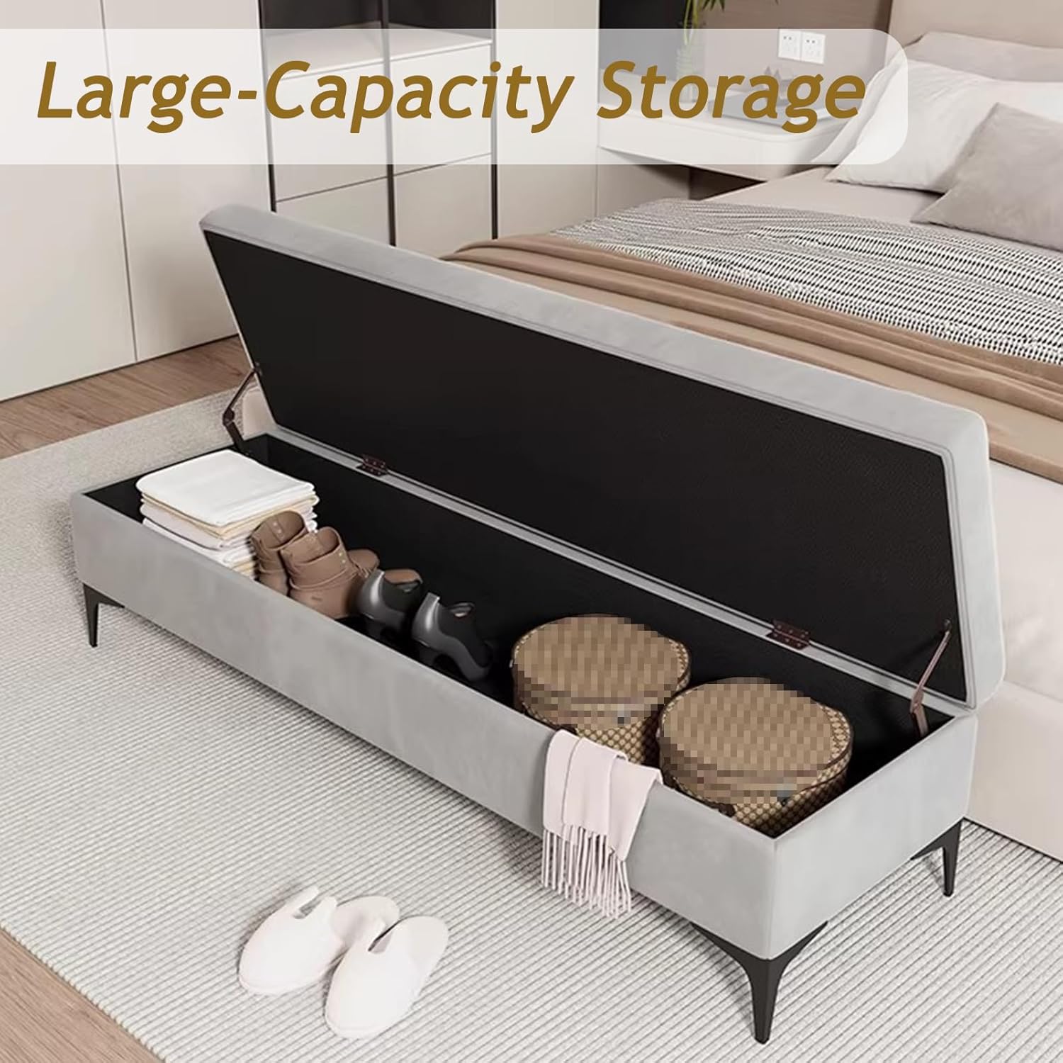 Velvet Storage Ottoman Bench, Upholstered Flip Top Entryway Bench with Metal Legs, Large Capacity Storage Bench for Bedroom, Living Room, Entryway, Brown-39.3" Wx15.7 Dx17.7 H