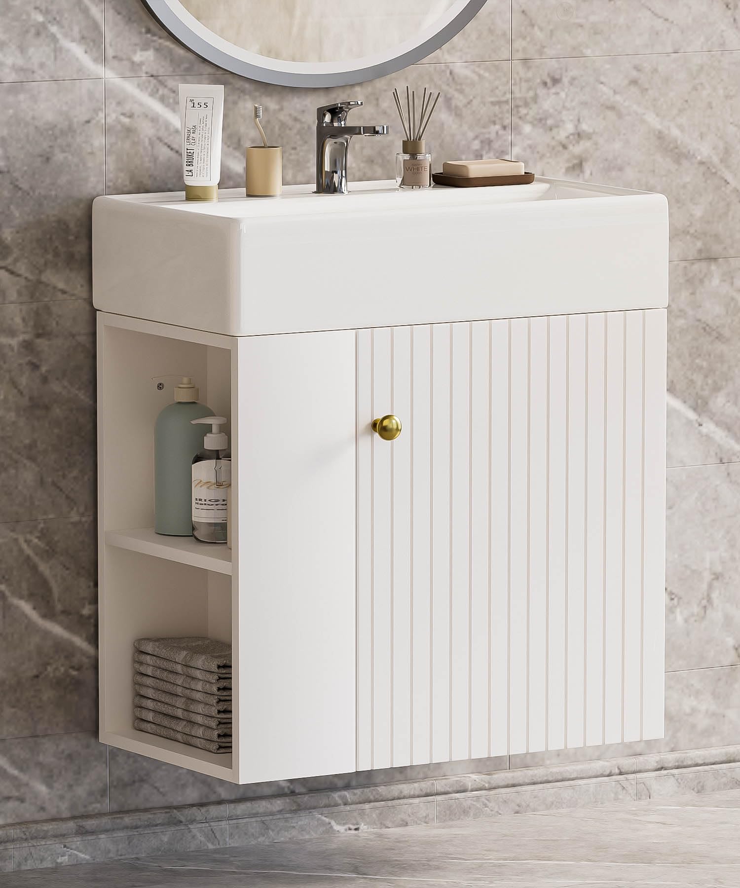 Yorbay Waschbecken mit Unterschrank 55 cm: Wandmontage Badezimmerschrank mit Keramik Waschtisch für Kleine Bäder - Modern Hängend Badmöbel Set für Gäste WC (Weiß)