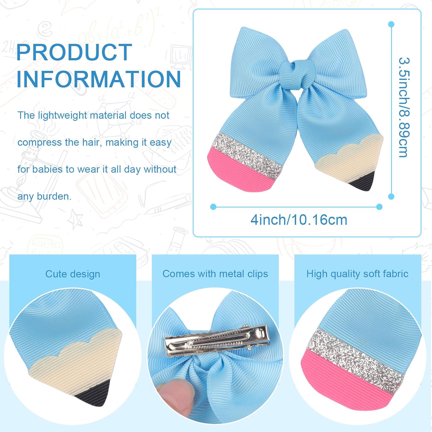 2Pcs Back to School Hair Clips Blue Pencil Hair Bows for Girls Cute Bowknot Hair Accessories Students Girls Alligator Hair Barrettes for School Opens Season Hairpins image 3