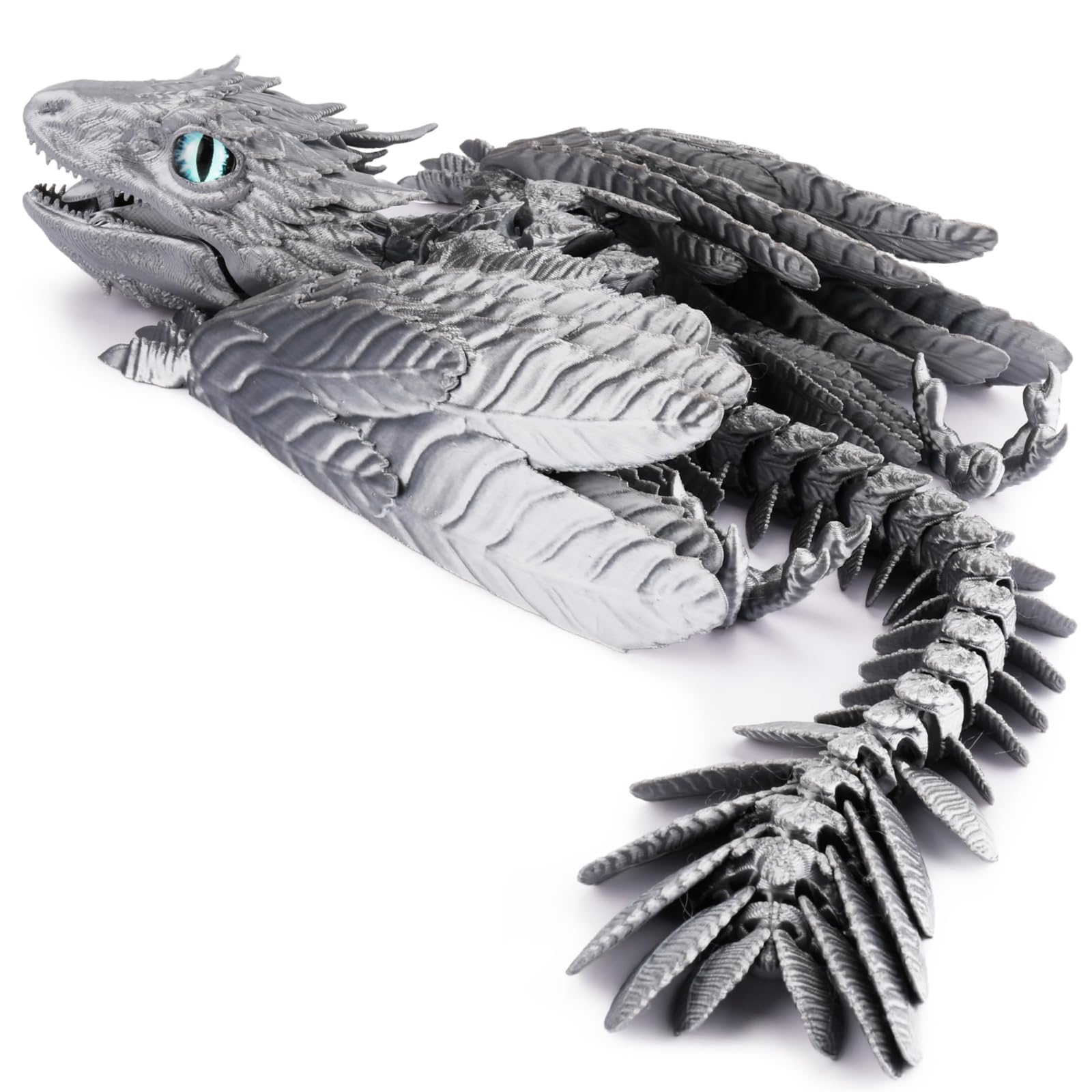 Vexara 3D Printed Dragon with Wings Feathered Wyvern Dragons Fidget Toy Mystery Crystal Animals Figure Halloween Easter Gifts for Home Office Desktop Pet (Silver)
