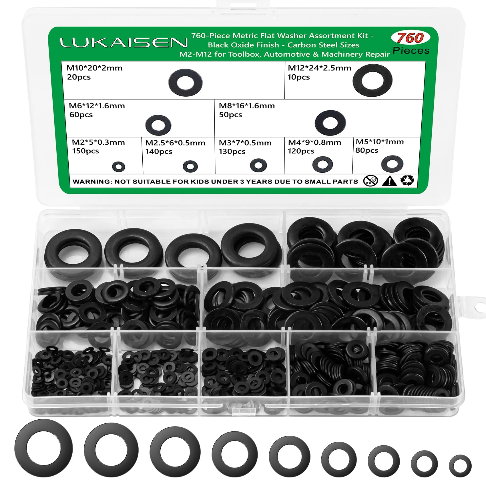 760 PCS Washers Black, Flat Washers, Carbon Steel Black Round Metric Flat Washers M2 M2.5 M3 M4 M5 M6 M8 M10 M12 for Home Decoration Factories Repair Construction