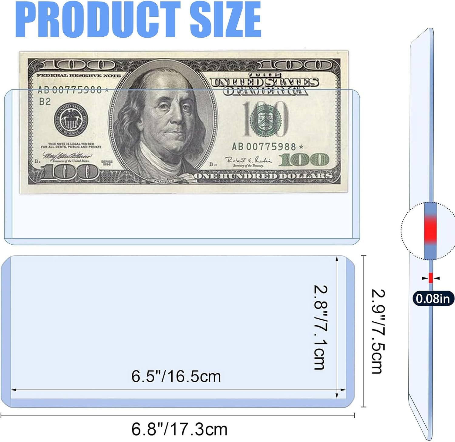 32 Pack Dollar Bill Sleeves, 6.8" x 2.9" Banknotes Top-Insert Holders