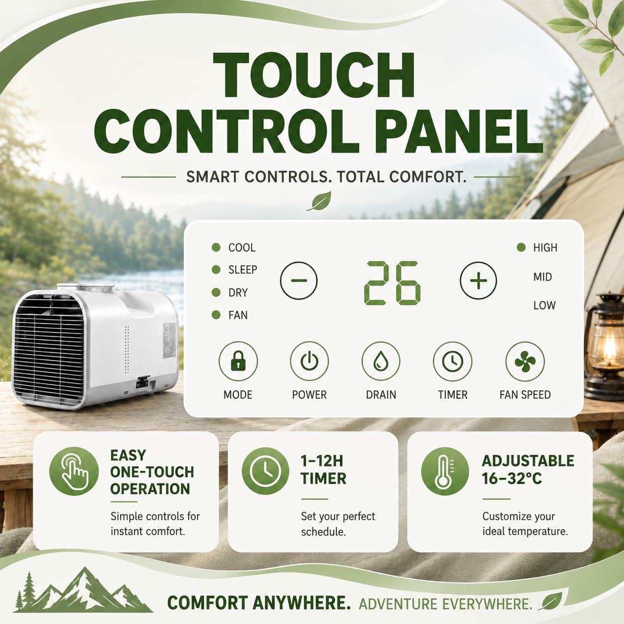 5100 Btu Climatizzatore Portatile Da Campeggio per Tenda E Camper | 4 In 1: Raffreddamento, Ventola, Deumidificazione E Modalità Sleep, 42 dB, Per Camper, Tende, Camion E Stanze Piccole