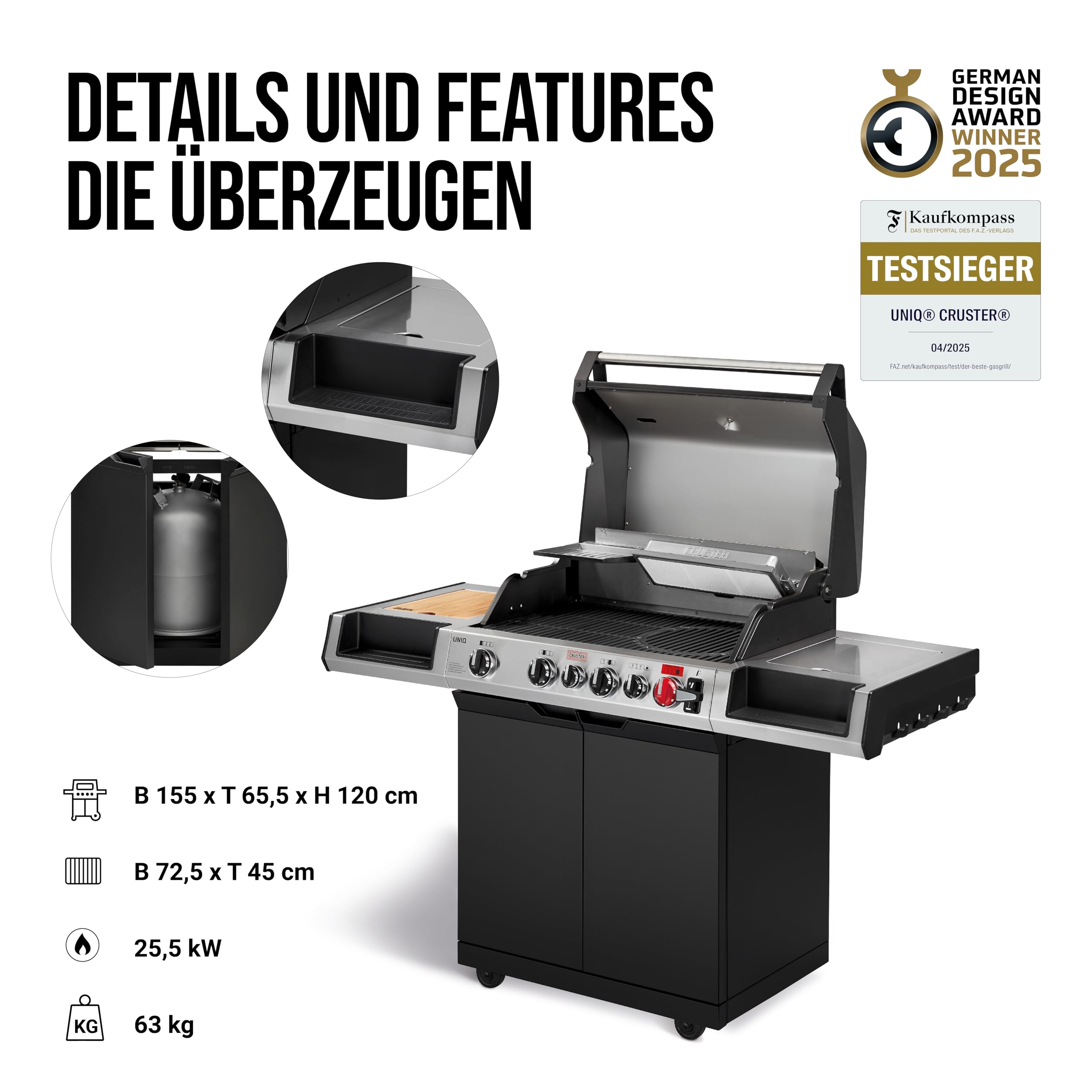 Enders® Gasgrill UNIQ 4 IK CRUSTER®, 4-Edelstahlbrenner, mehrstufige Drehregler, 800 °C TURBO ZONE™, SWITCH GRID™, HEAT RANGE™, SIMPLE CLEAN™, doppelwandige Garhaube, GN ½ Container, Bambusbrett #8702