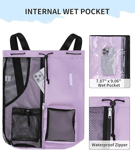 Miniatura 3 de WANDF Mochila de Malla con Cordón para Natación, con Bolsillo para Artículos Húmedos, para Natación, Gimnasio y Equipo de Entrenamiento