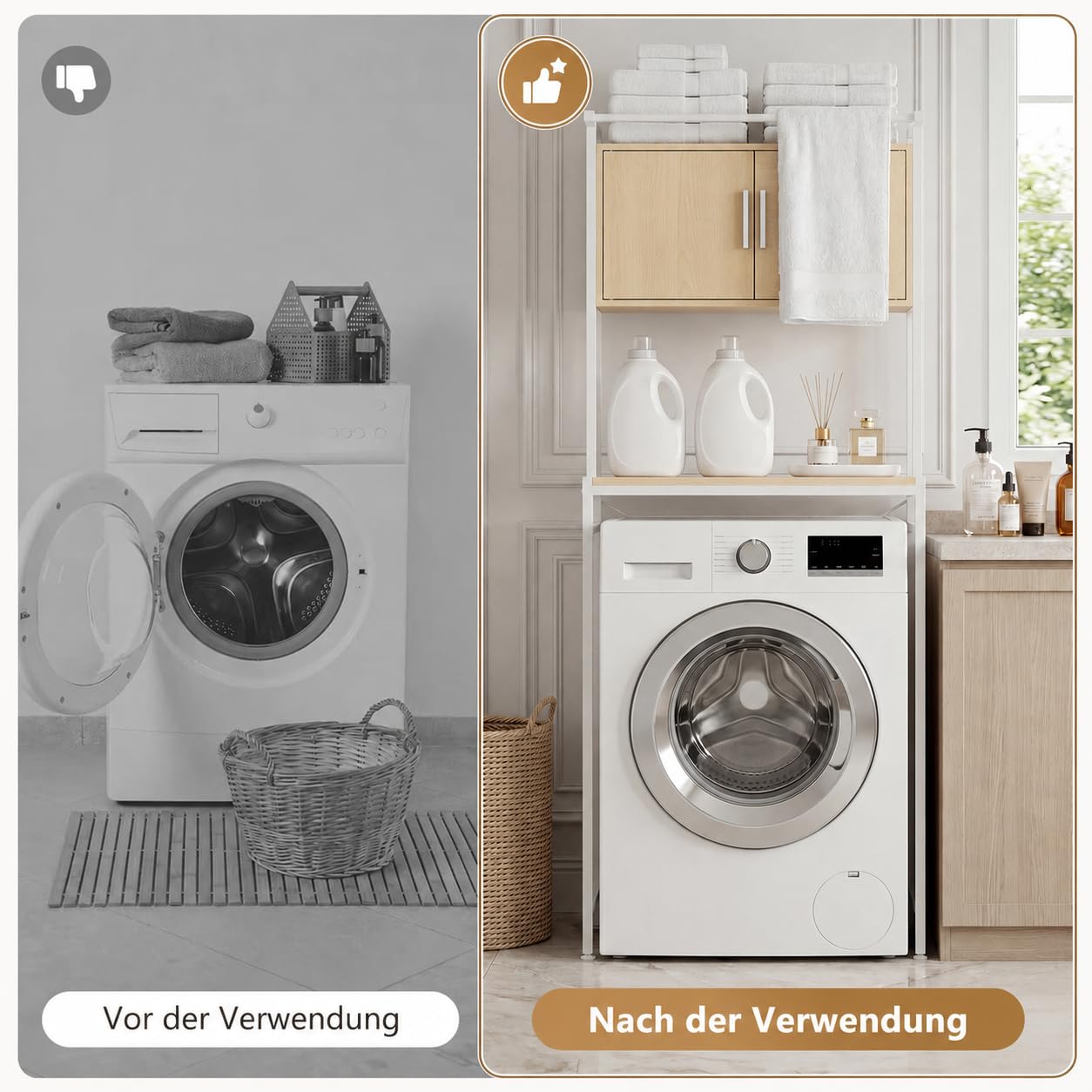 APICIZON Waschmaschinenschrank, Waschmaschinenregal mit Handtuchhalter, Toilettenregal mit Schrank Verstellbarer Ablage, 67 × 40 × 165 cm, für Badezimmer, Küche, Balkon, Natürlich & Weiß