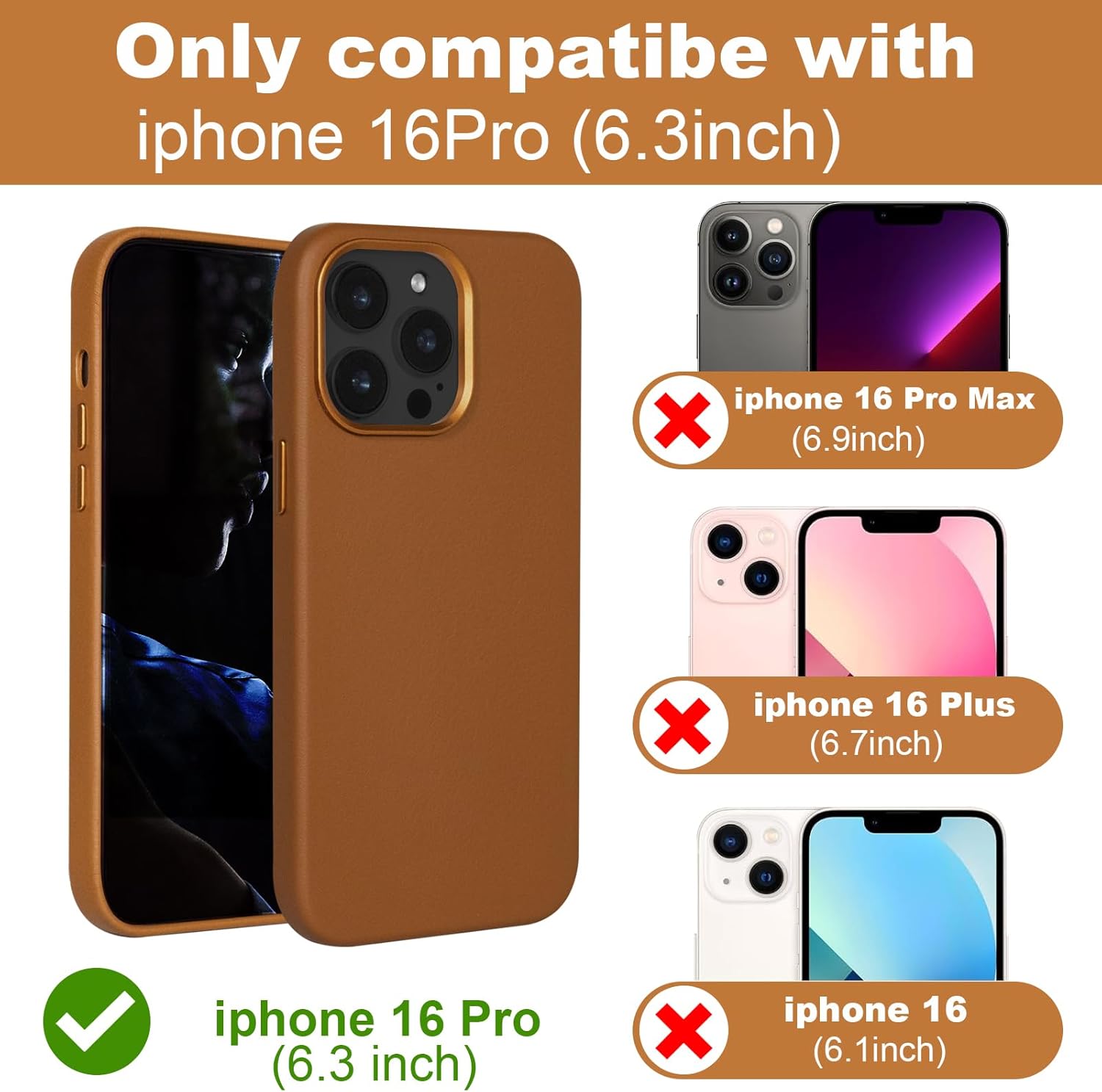 for iPhone 16 Pro Leather Case Brown | Full Grain Genuine Leather | Compatible with MagSafe and Wireless Charging | Metal Buttons Camera Bezel | Slim Fit | Drop and Scratch Resistant