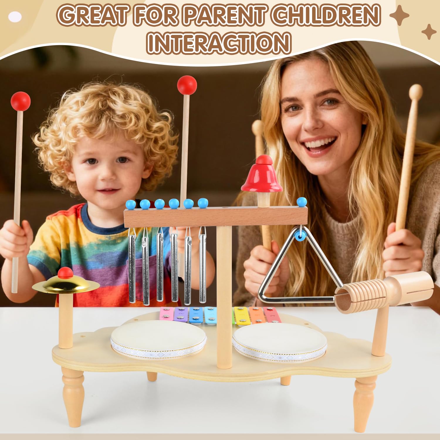 Tambor Infantil de Madera, 7 IN1 Batería Musical para Niños con Xilófono, Juguete Educativo Montessori, Instrumentos Musicales Juguetes de Madera Regalo para Bebé Niño Niña 2 3 4 5 Años