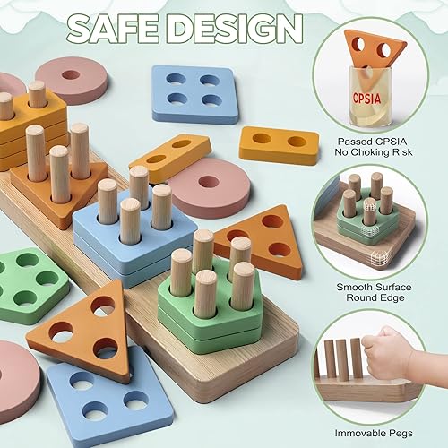 Miniatura 2 de PEBIRA Montessori Juguetes para niños de 1 a 2 años, juguetes de clasificación y apilamiento de madera para niños, clasificador de formas de bebé y