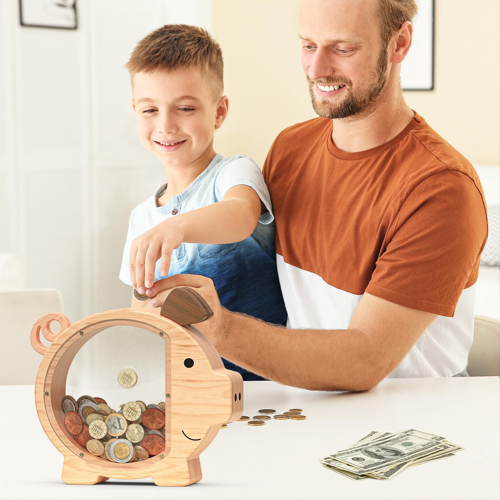 Summidate Salvadanaio in legno personalizzato per ragazzi ragazze bambini grandi banconote infrangibili cambio moneta barattolo risparmio di denaro regalo decorazione (L, salvadanaio in legno)