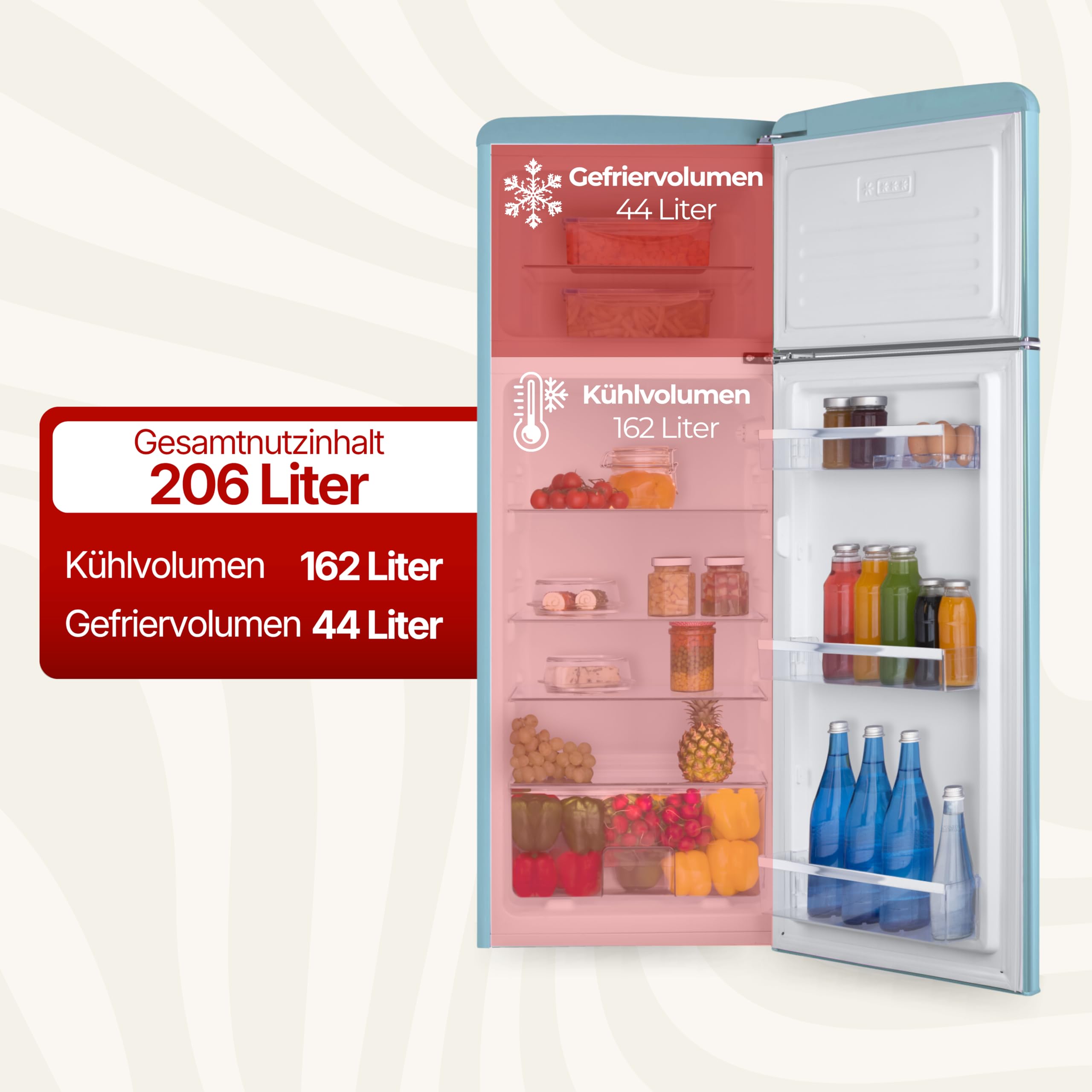 Amica KGC 15632 T Retro Kühl-/Gefrierkombination / Ice Blue (Türkis) / 144cm (H) x 55cm (B) x 62cm (T) / Retro-Design / Kühlschrank mit Gefrierfach