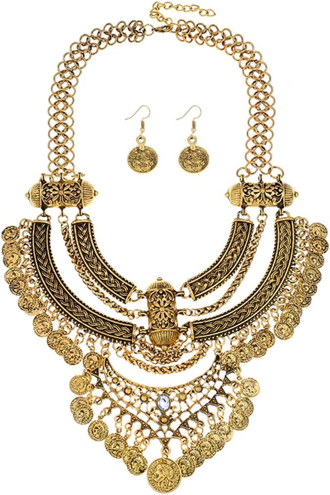 Women Vintage Bohemian Ethnic Gypsy Bib Chunky Festival Statement Necklace and Earrings Set