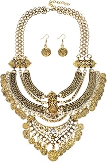 Ufraky Women Vintage Bohemian Ethnic Gypsy Bib Chunky Festival Statement Coin Necklace and Earrings Set